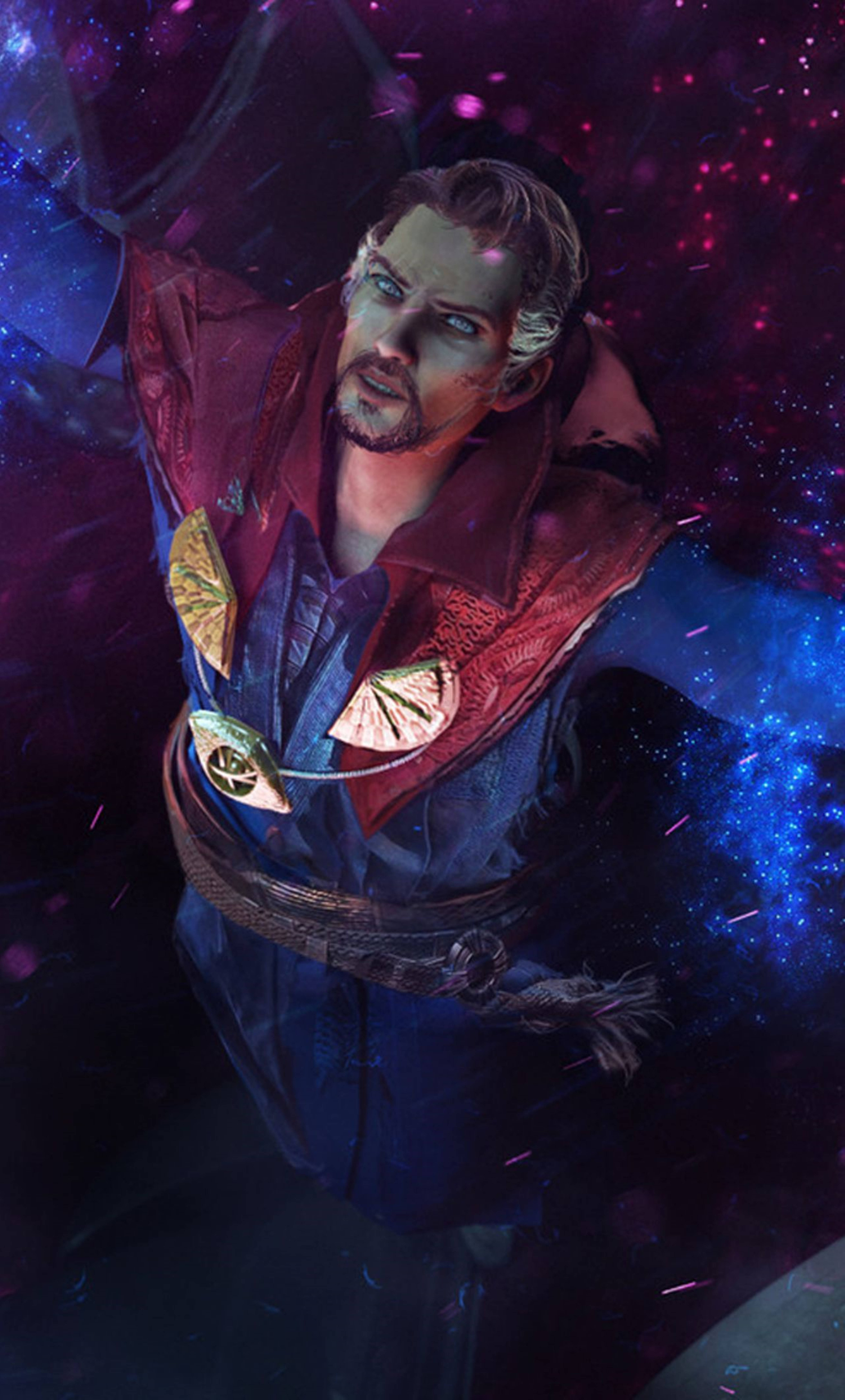Doctor Strange, red and blue robe, swirling purple and blue starlight, 8K Phone Wallpaper