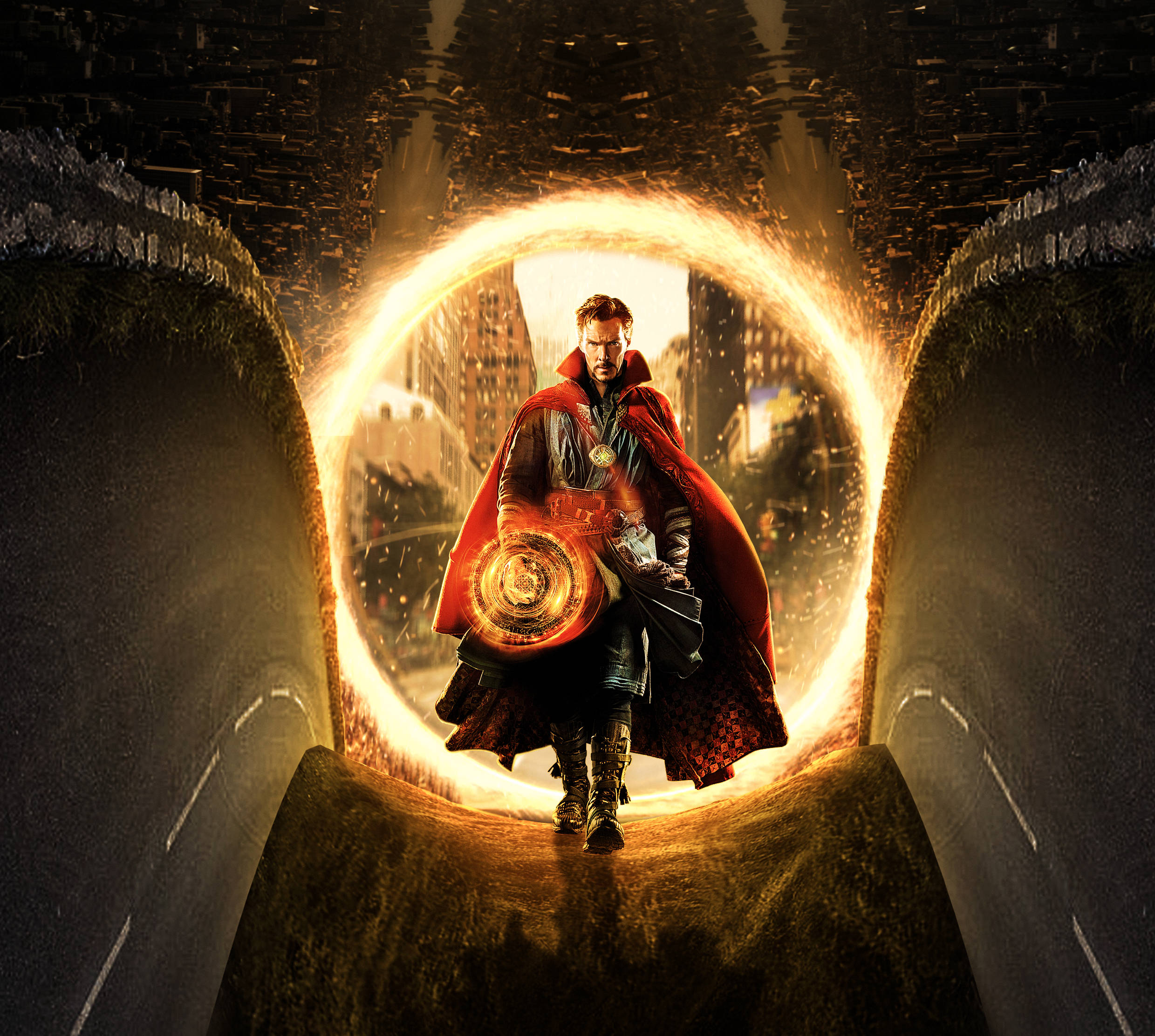 Doctor Strange, glowing mystical portal, crumbling city streets, Full HD Desktop Wallpaper