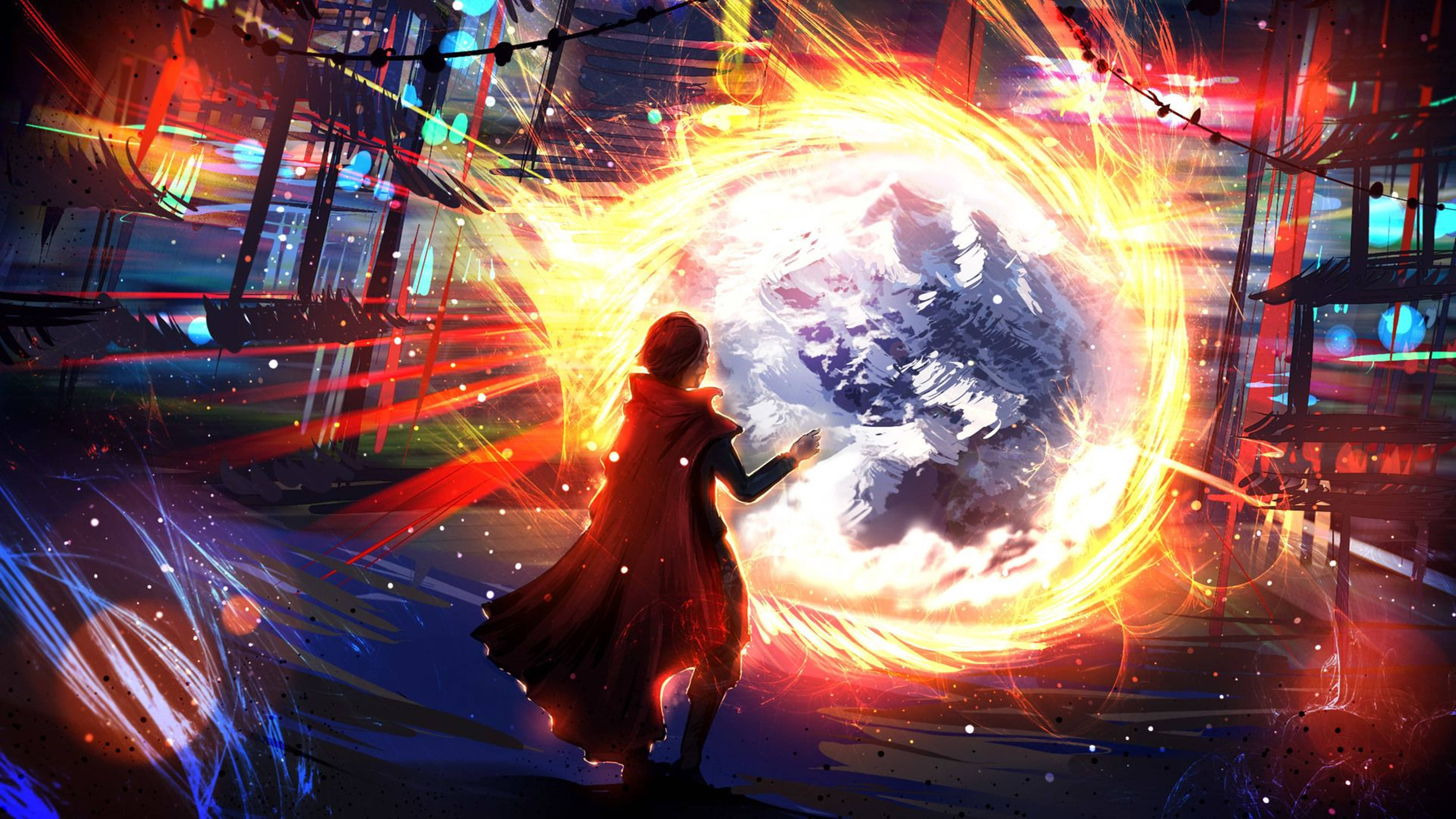 Doctor Strange, red cloak, glowing portal, 5K Desktop Wallpaper