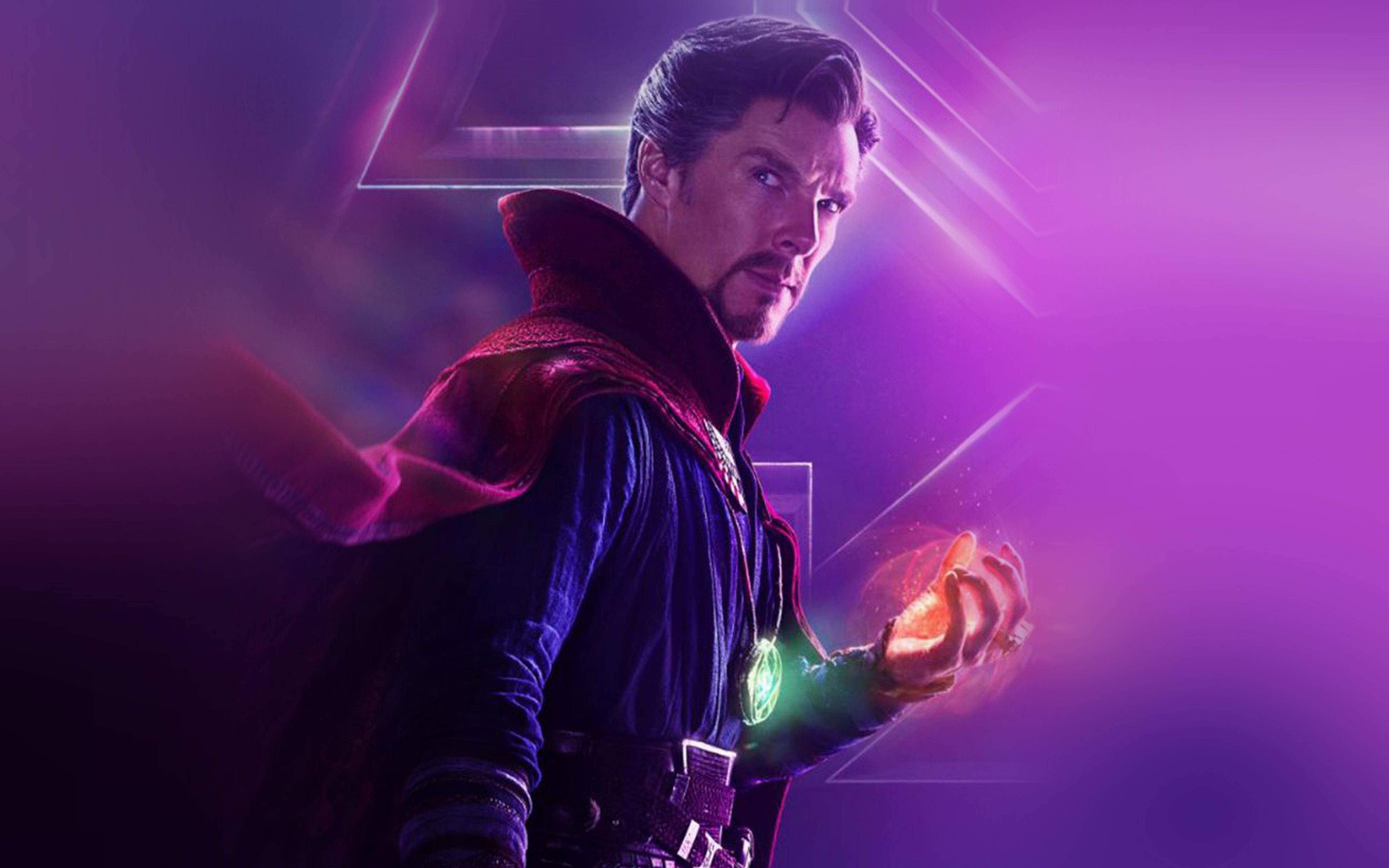 Doctor Strange, dark robe, glowing orange energy, 5K Desktop Wallpaper