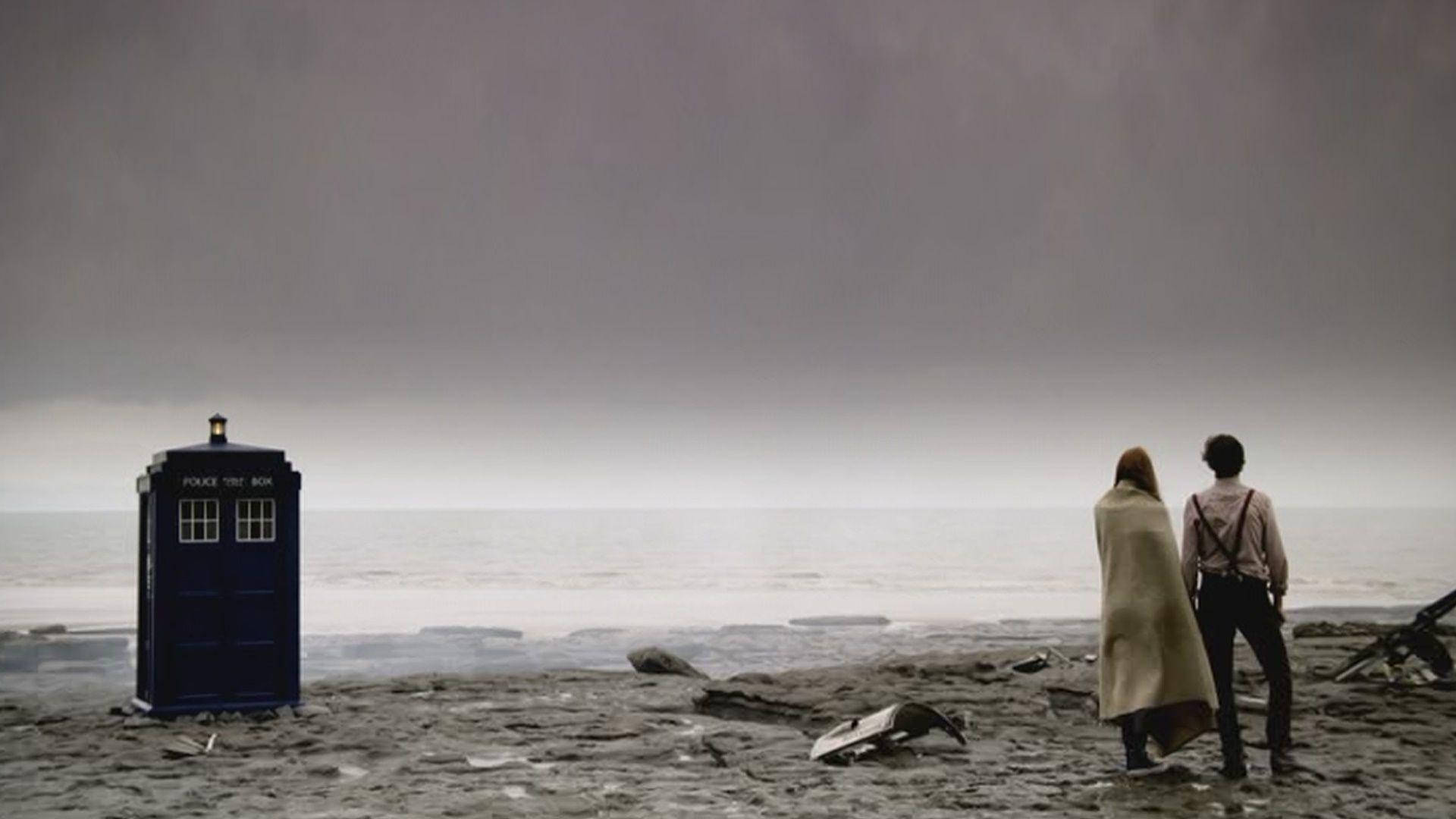 Doctor Who, blue police box, rocky shore, Full HD Desktop Wallpaper