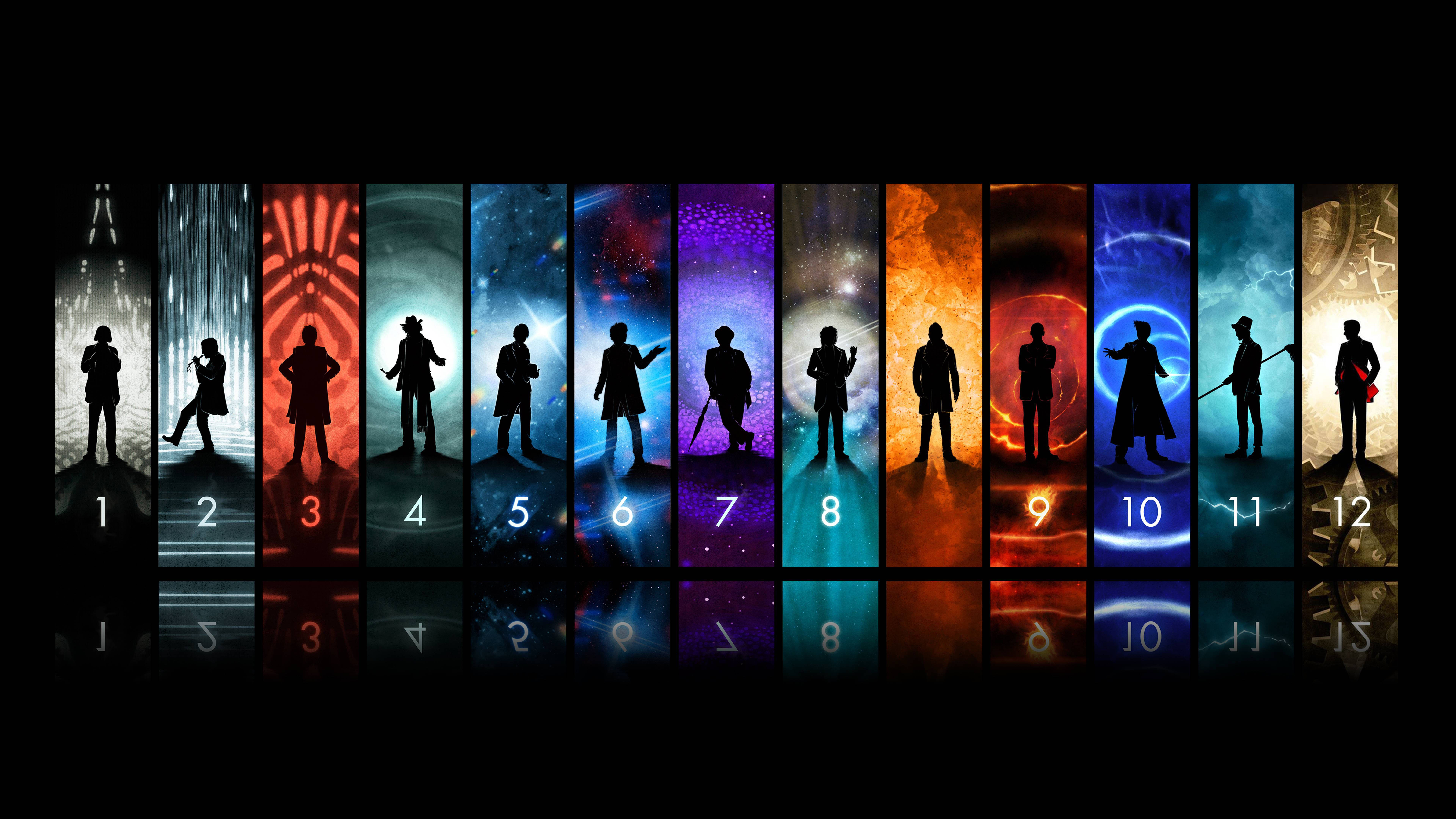 Doctor Who, silhouettes, cosmic panels, 8K Desktop Wallpaper