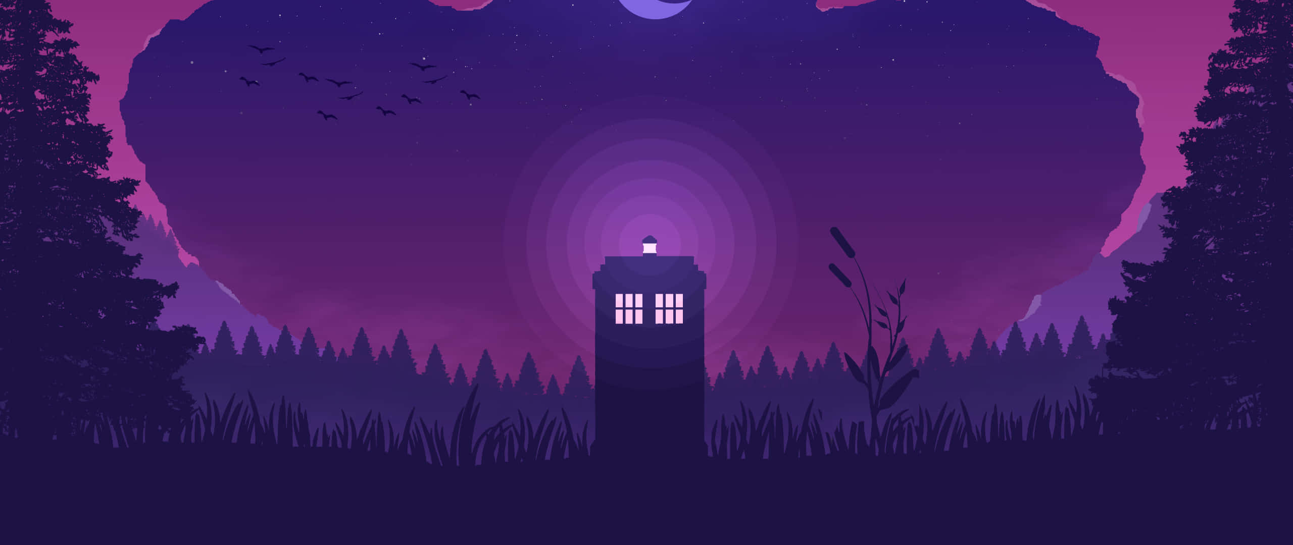 Doctor Who, glowing blue police box, dark purple forest, 2K Desktop Wallpaper