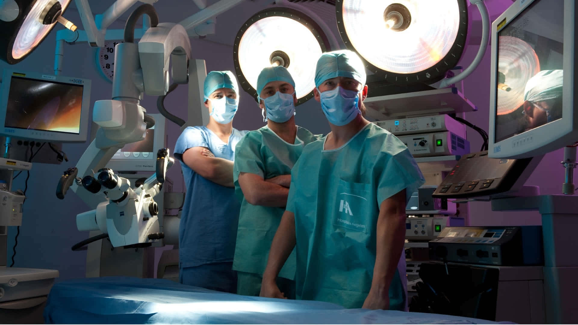 teal scrubs, high-tech operating room, bright surgical lights, Full HD Desktop Wallpaper