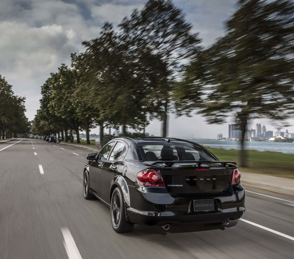 Dodge Avenger, black, tree-lined coastal road, SD Desktop Wallpaper