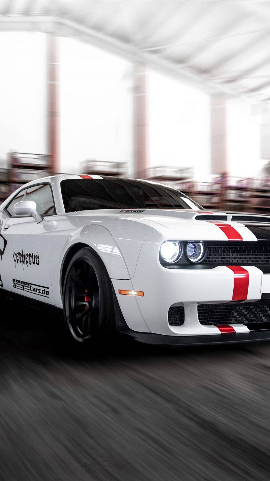 Dodge Challenger, white paint, red stripes, HD Phone Wallpaper