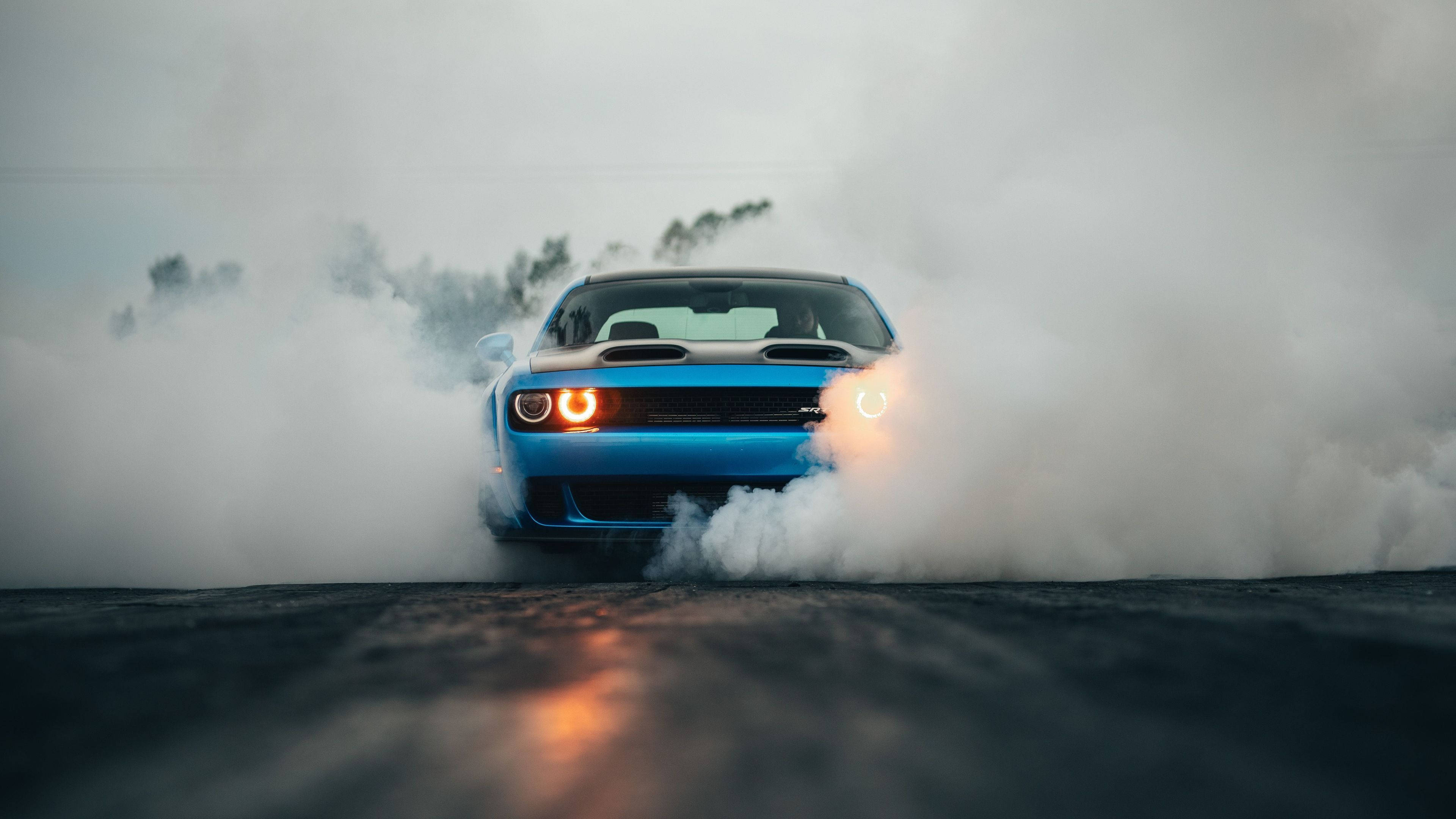 Dodge Challenger, vibrant blue, wet asphalt road, 4K Desktop Wallpaper