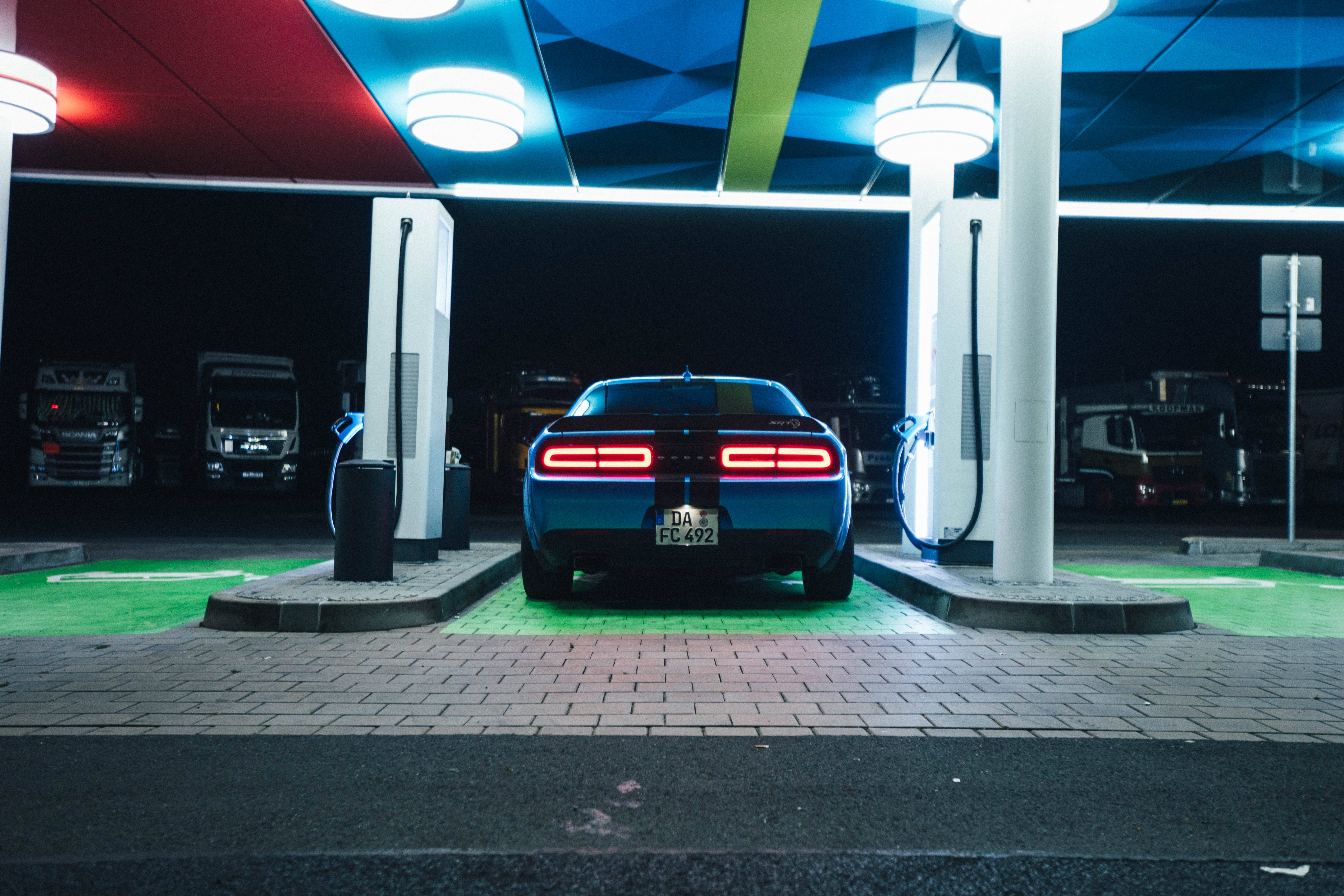Dodge Challenger, blue paint, neon lights, 8K Desktop Wallpaper