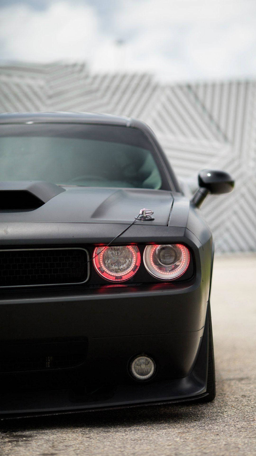 Dodge Challenger, satin black, glowing red circular headlights, Full HD Phone Wallpaper