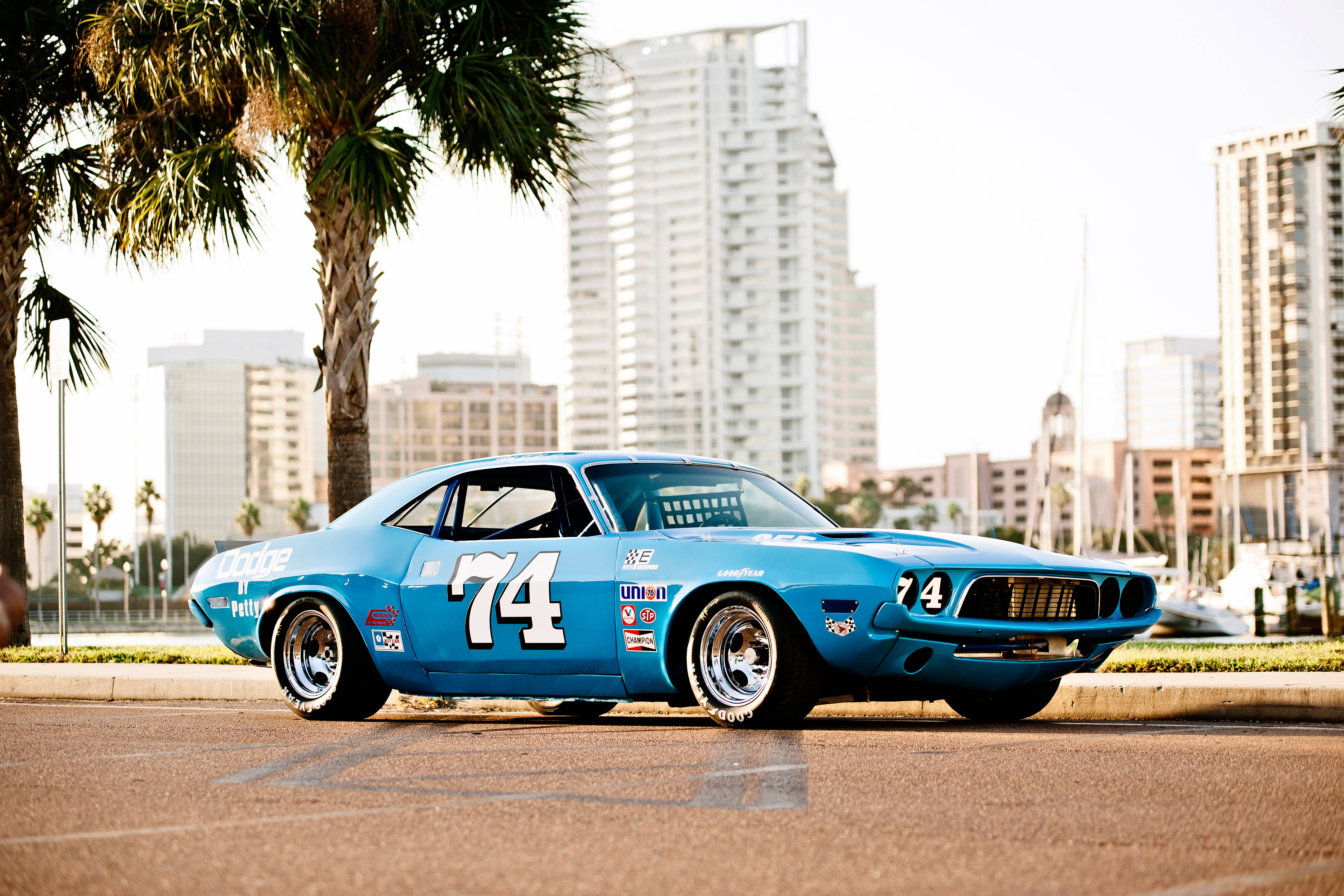 Dodge Challenger 1973, vibrant blue, number 74, 5K Desktop Wallpaper