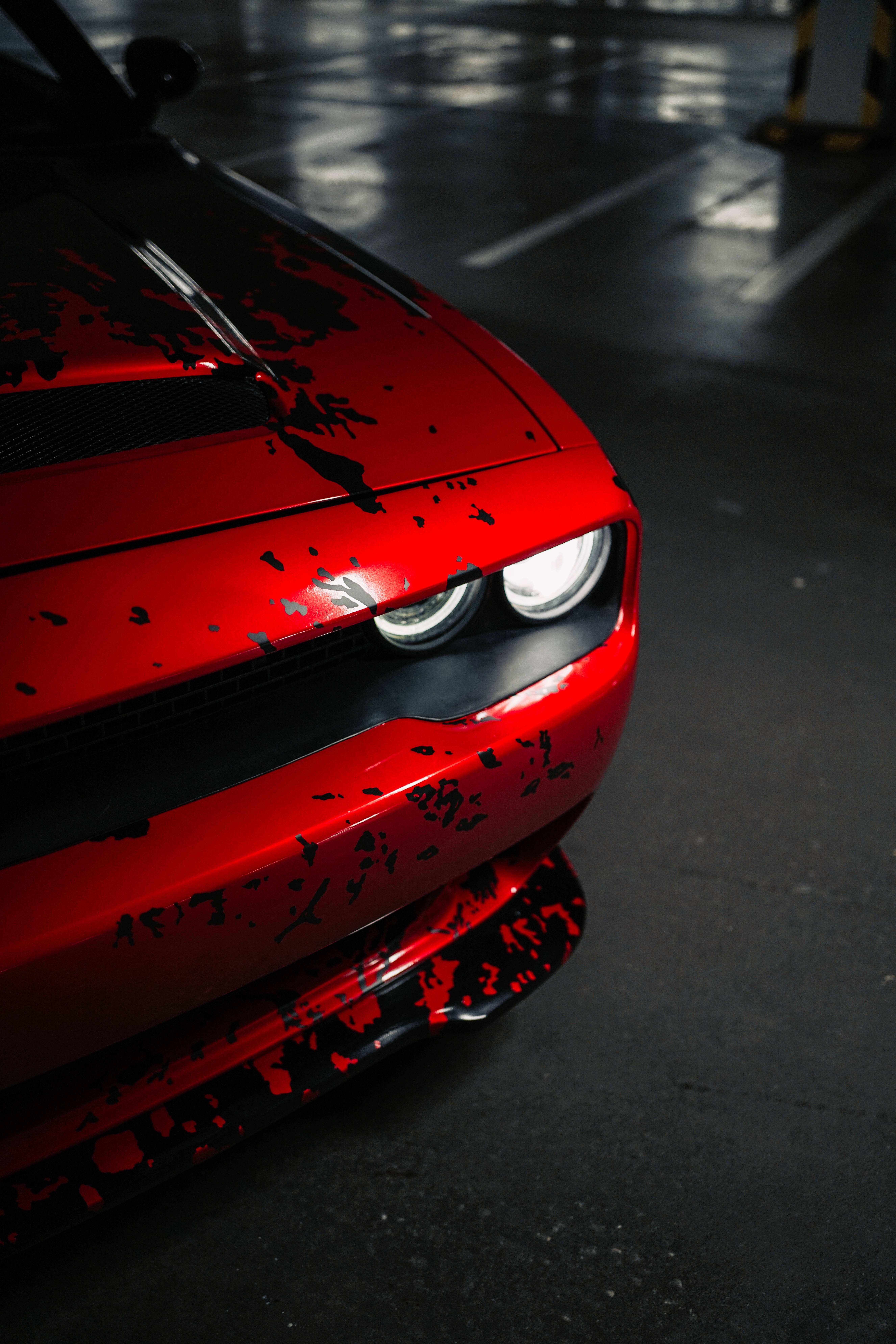 Dodge Challenger, red sports car, black splatter paint detailing, 8K Phone Wallpaper
