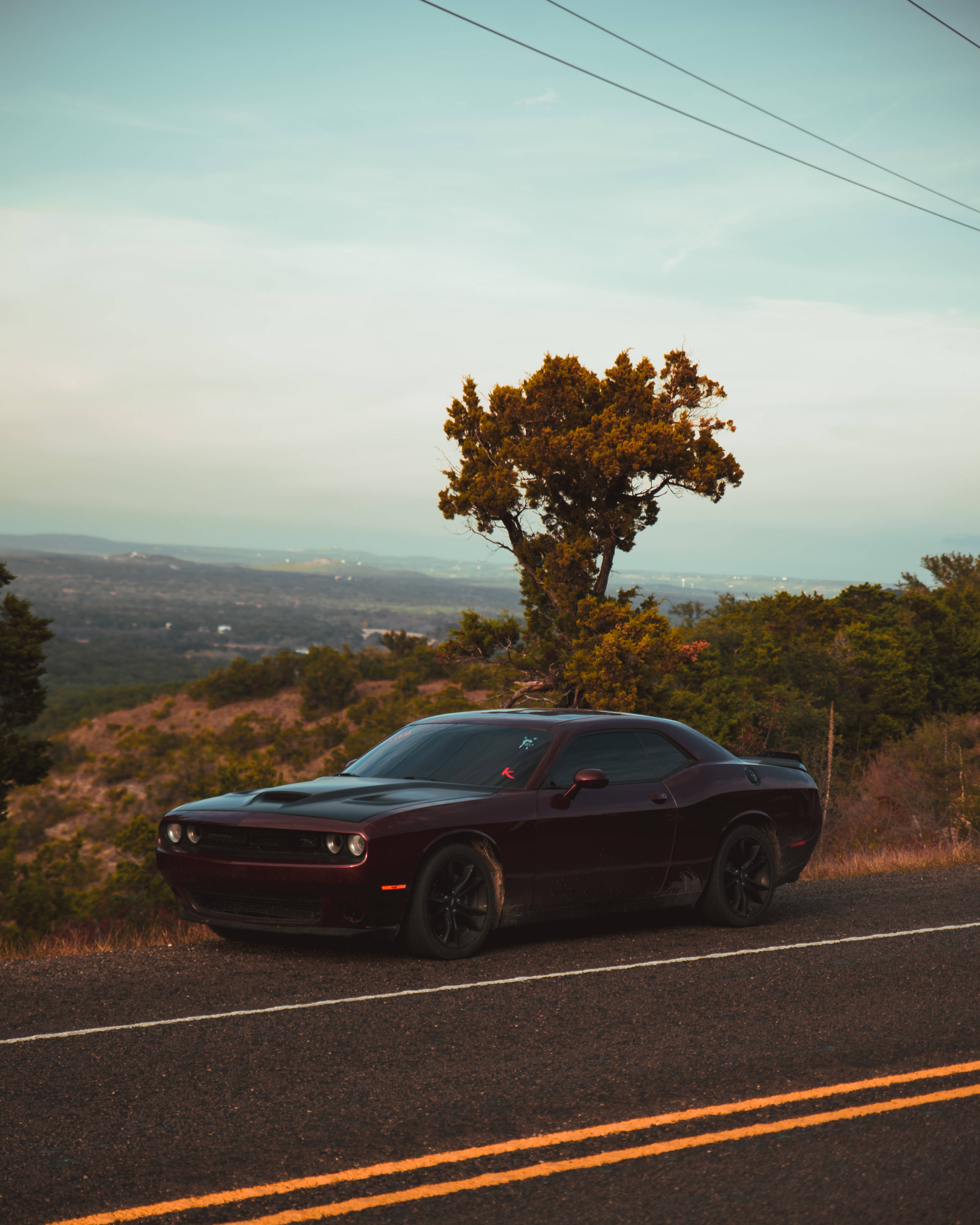 Dodge Challenger, burgundy color, mountain road, 4K Phone Wallpaper