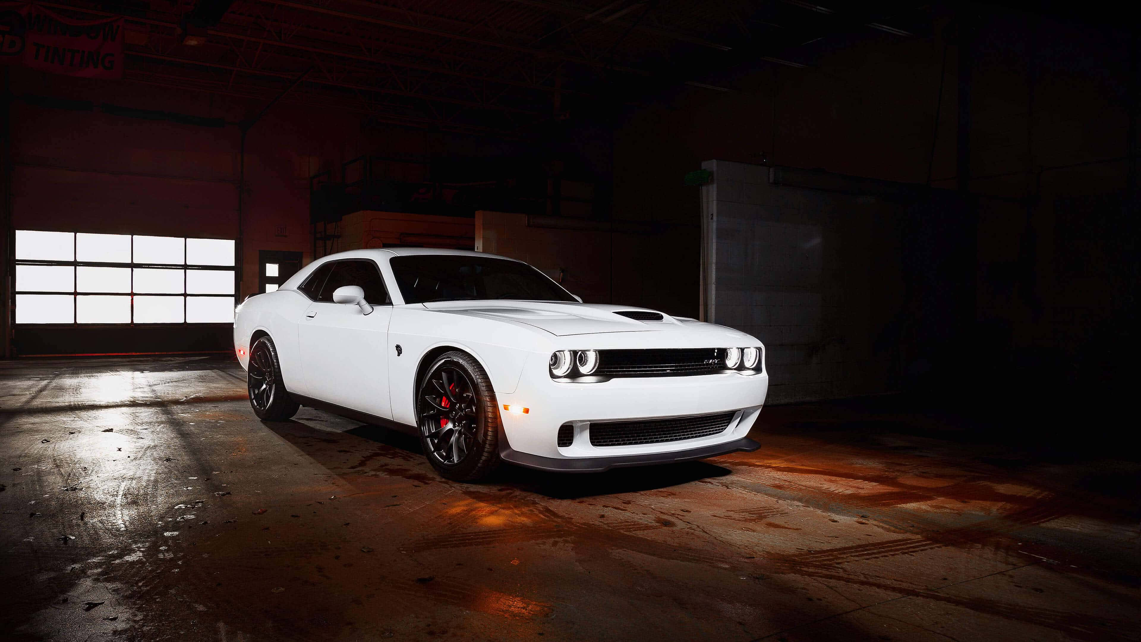 Dodge Challenger, white, dramatic lighting, 4K Desktop Wallpaper