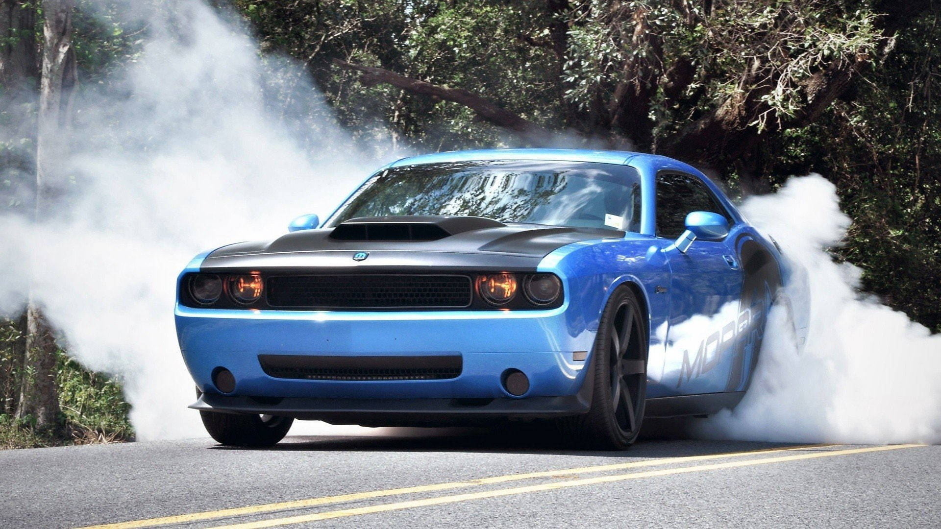 blue Dodge Challenger, vibrant blue, forest road, Full HD Desktop Wallpaper