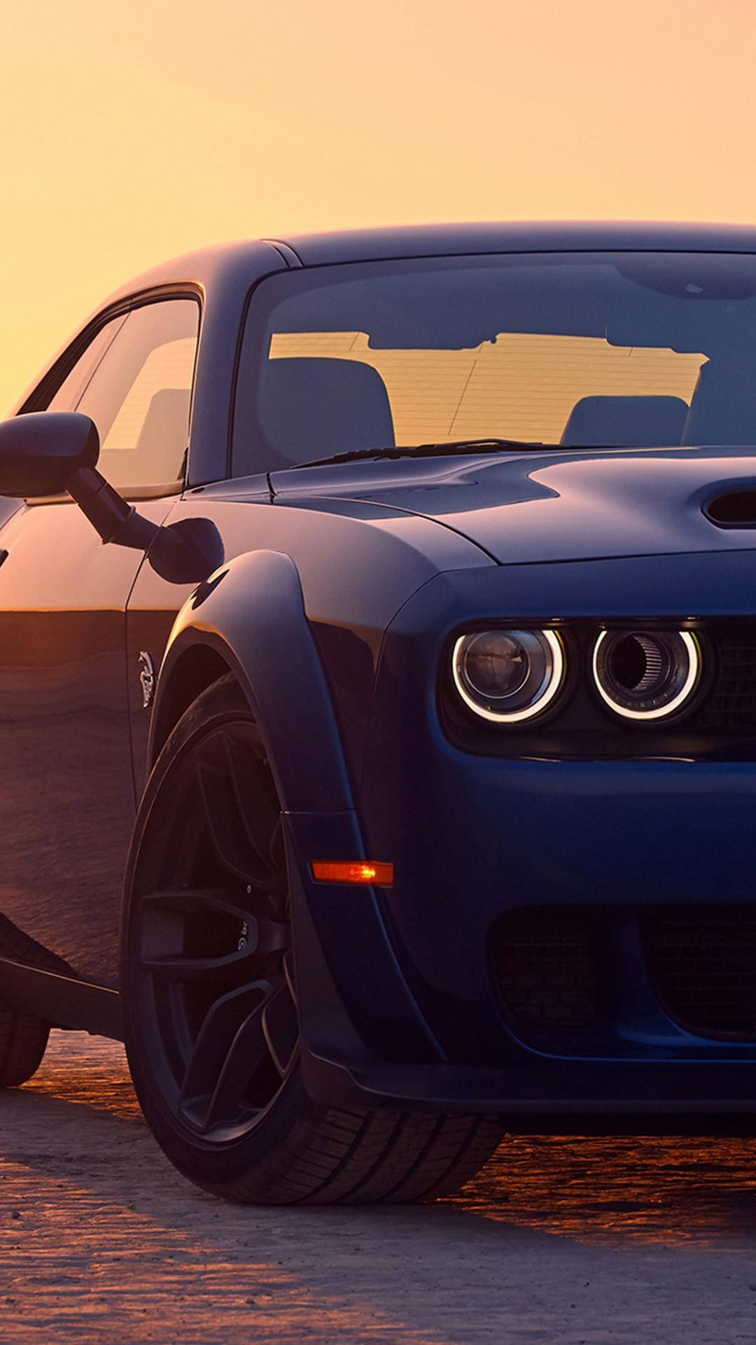 Dodge Challenger, glowing circular headlights, sleek blue, Full HD Phone Wallpaper