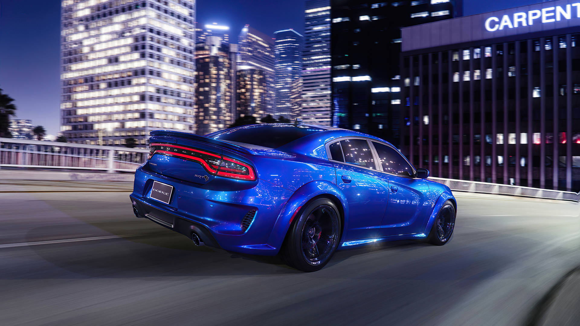 Azure Blue, Dodge Challenger, neon-lit cityscape, Full HD Desktop Wallpaper