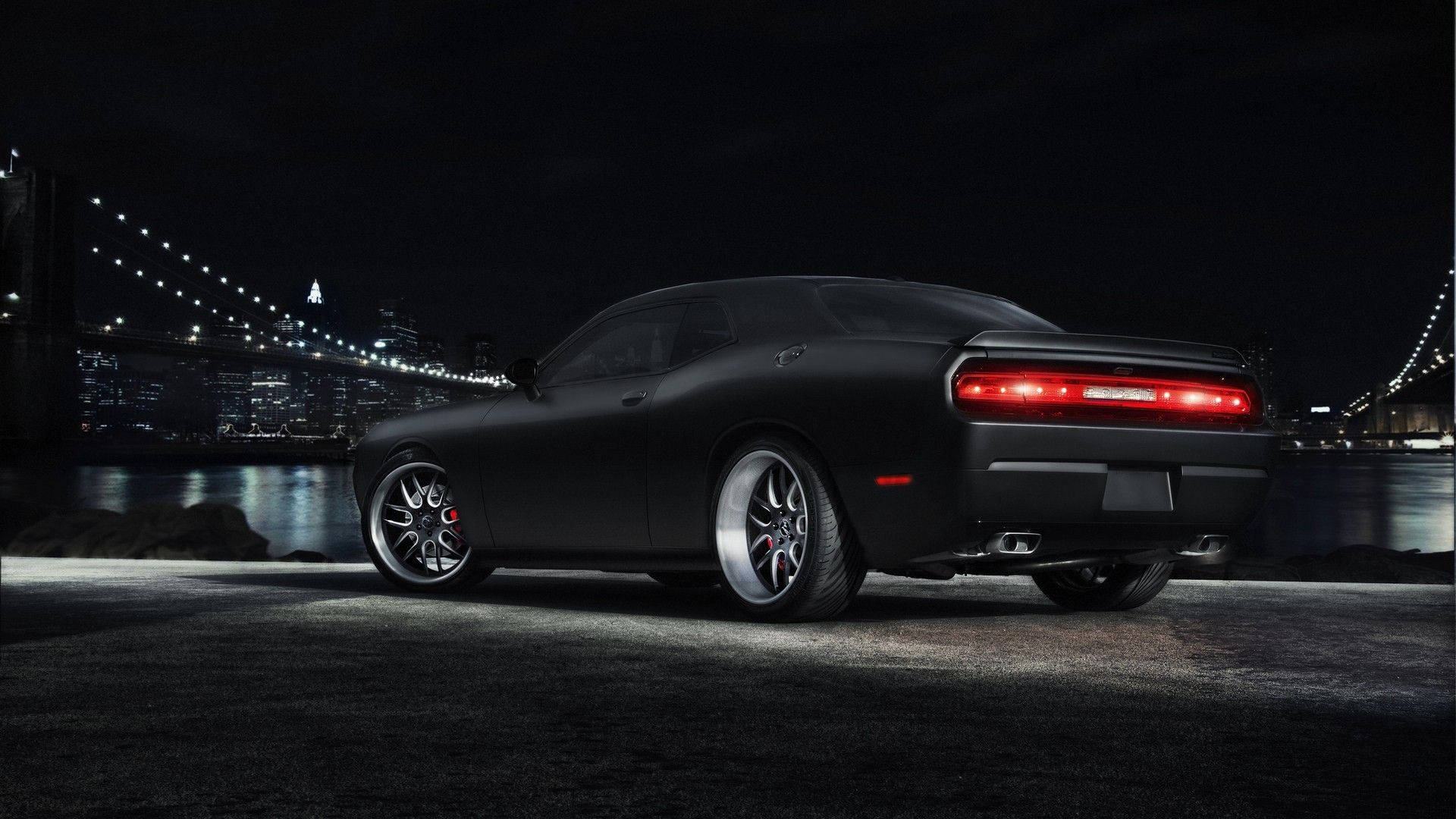 Dodge Challenger, pitch black, glowing red taillights, Full HD Desktop Wallpaper