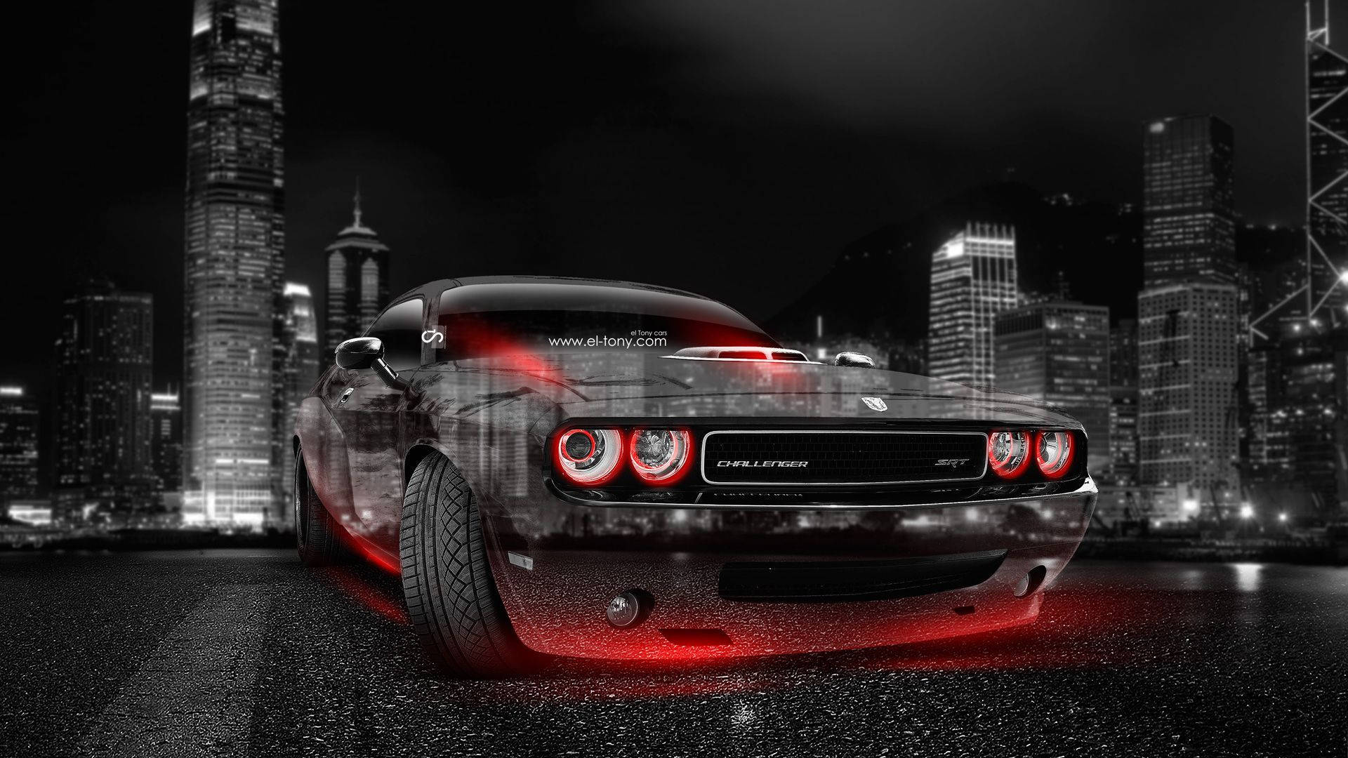 Dodge Challenger, red halo headlights, city skyline, Full HD Desktop Wallpaper