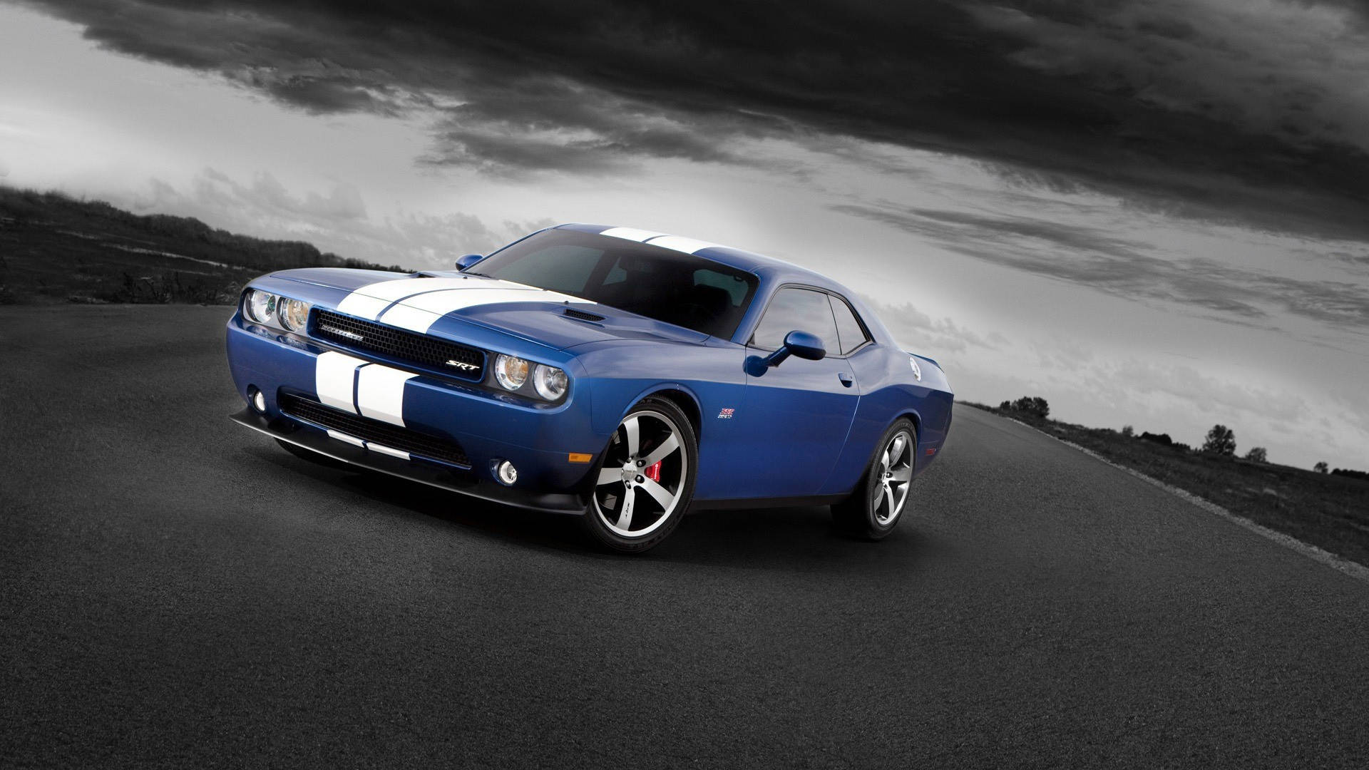 Dodge Challenger, vibrant blue, white racing stripes, Full HD Desktop Wallpaper