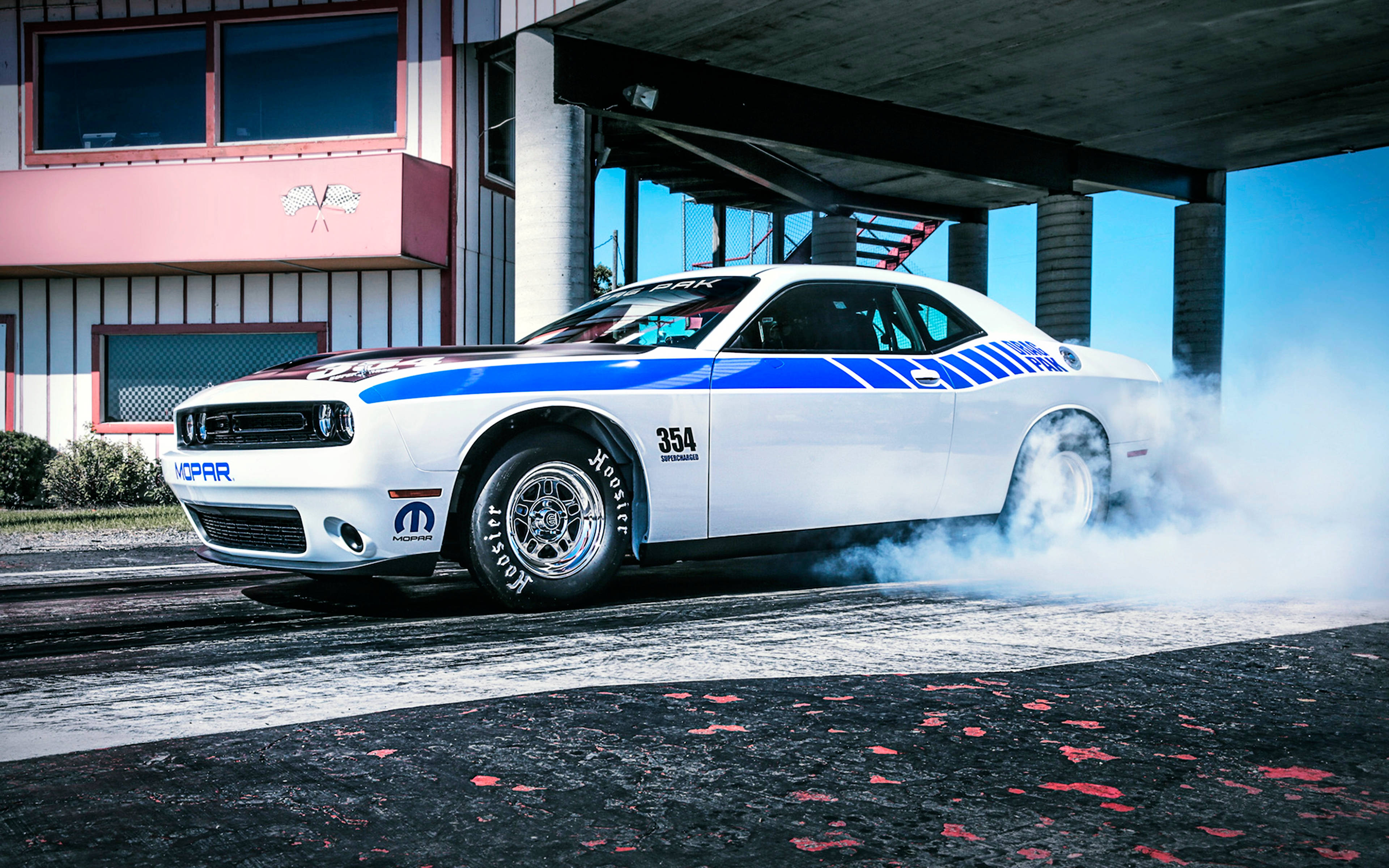 Dodge Challenger, custom white paint, blue racing stripes, 4K Desktop Wallpaper