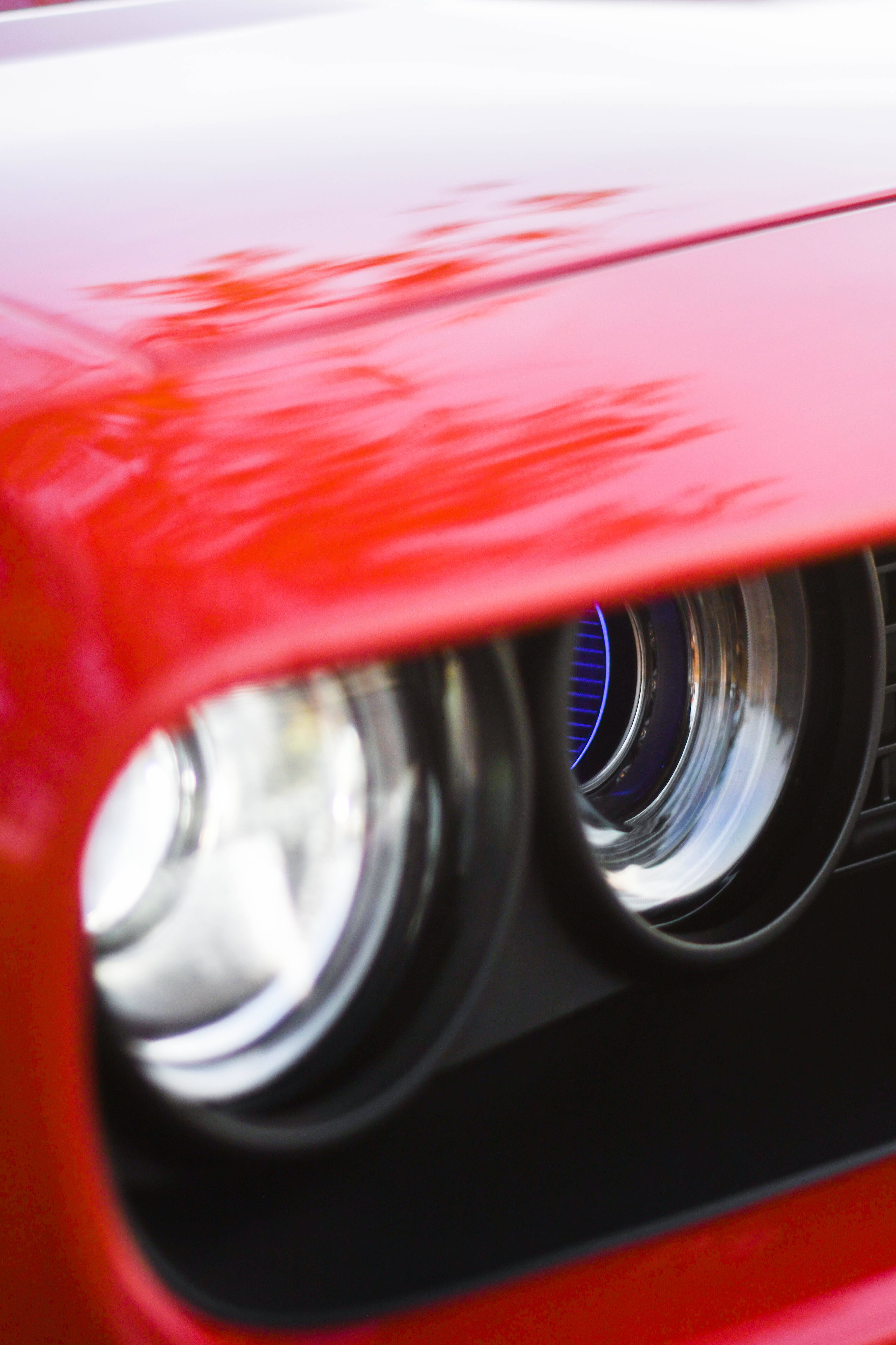 Dodge Challenger, twin headlights, glossy red, 5K Phone Wallpaper