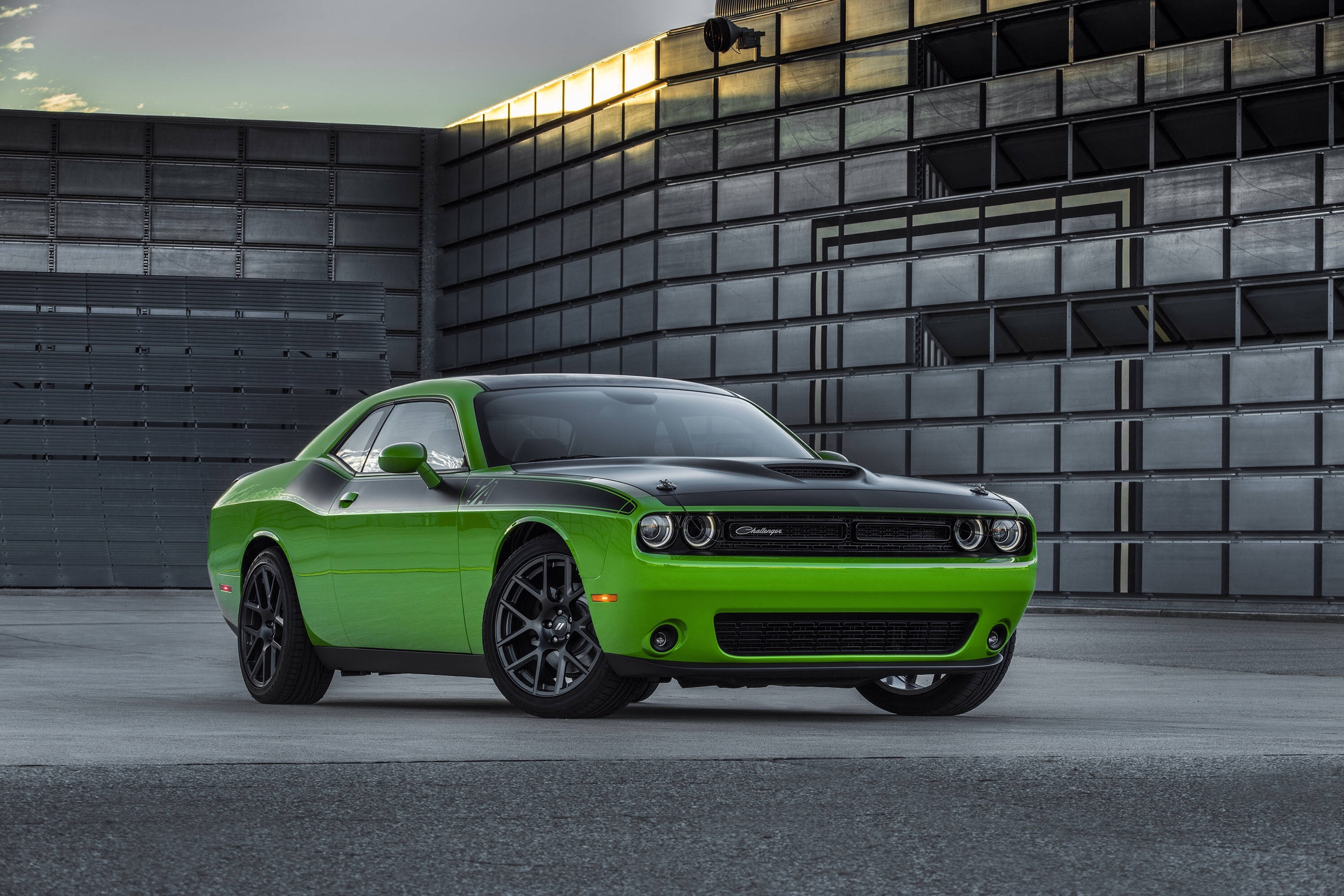 Dodge Challenger, green, black accents, 2K Desktop Wallpaper