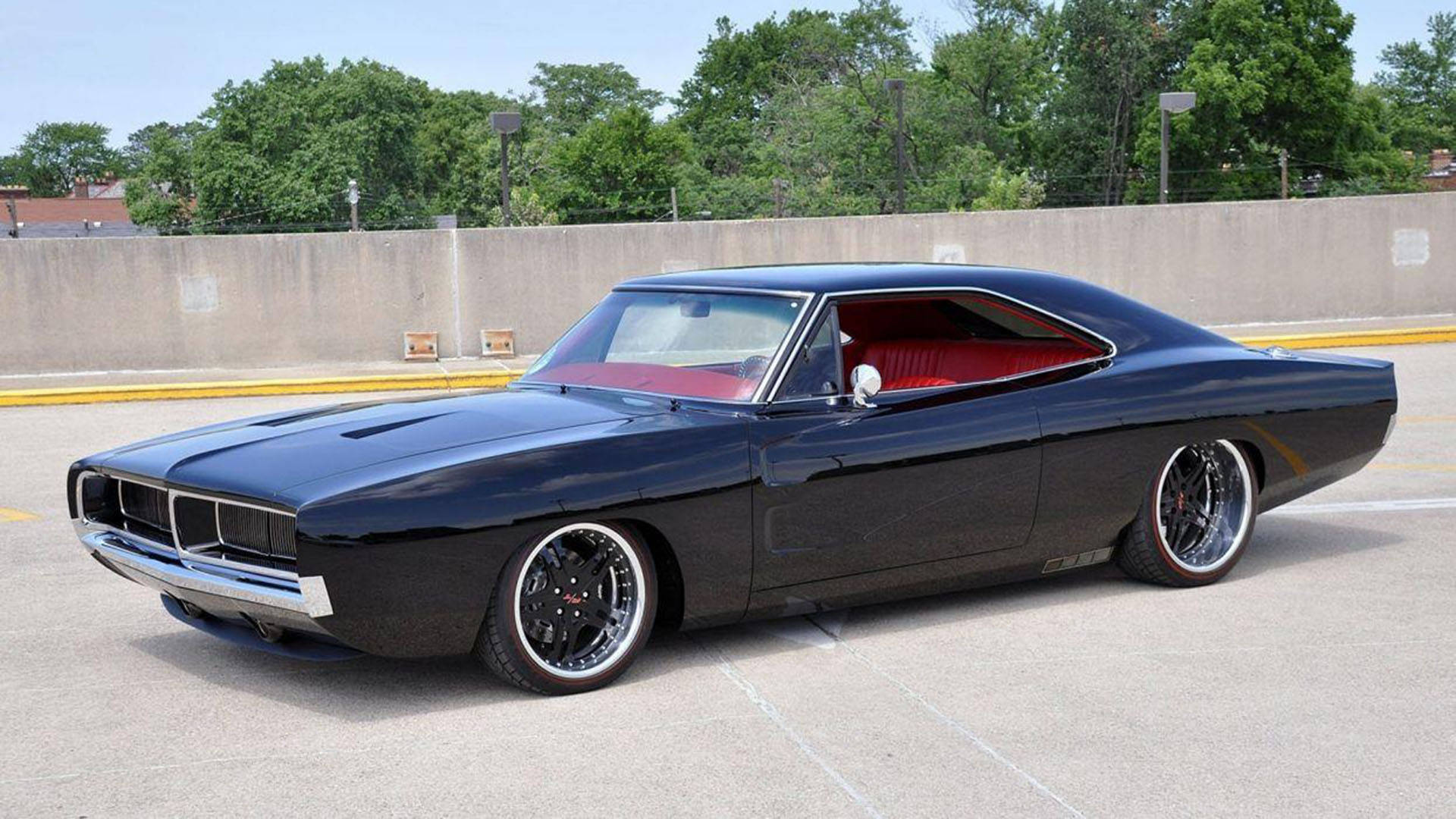 1969 Dodge Charger, black, red interior, Full HD Desktop Wallpaper