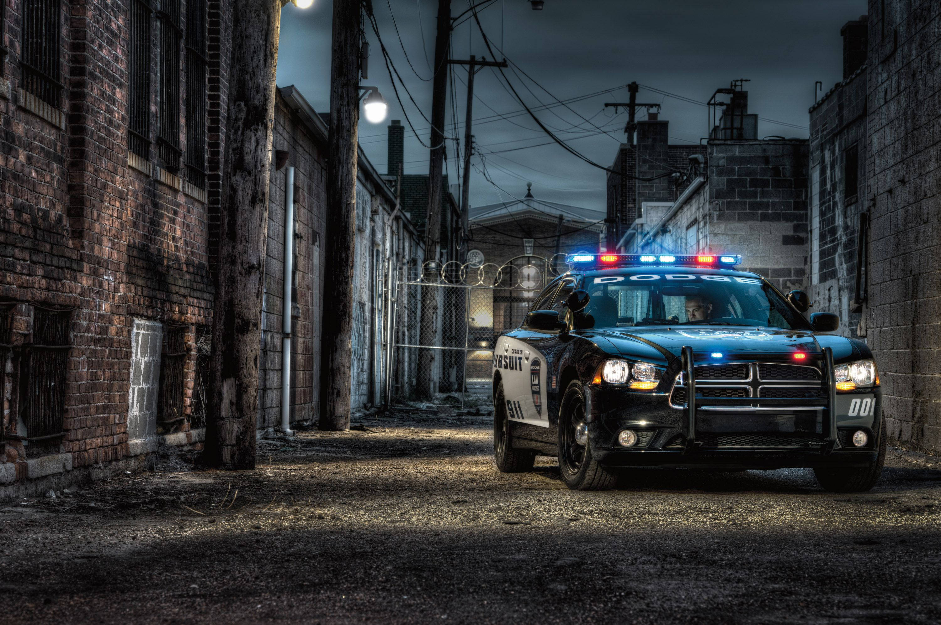 Dodge Charger, police car, flashing lights, 2K Desktop Wallpaper