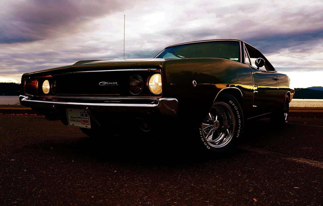 Dodge Charger, glossy black, glowing headlights, HD Desktop Wallpaper