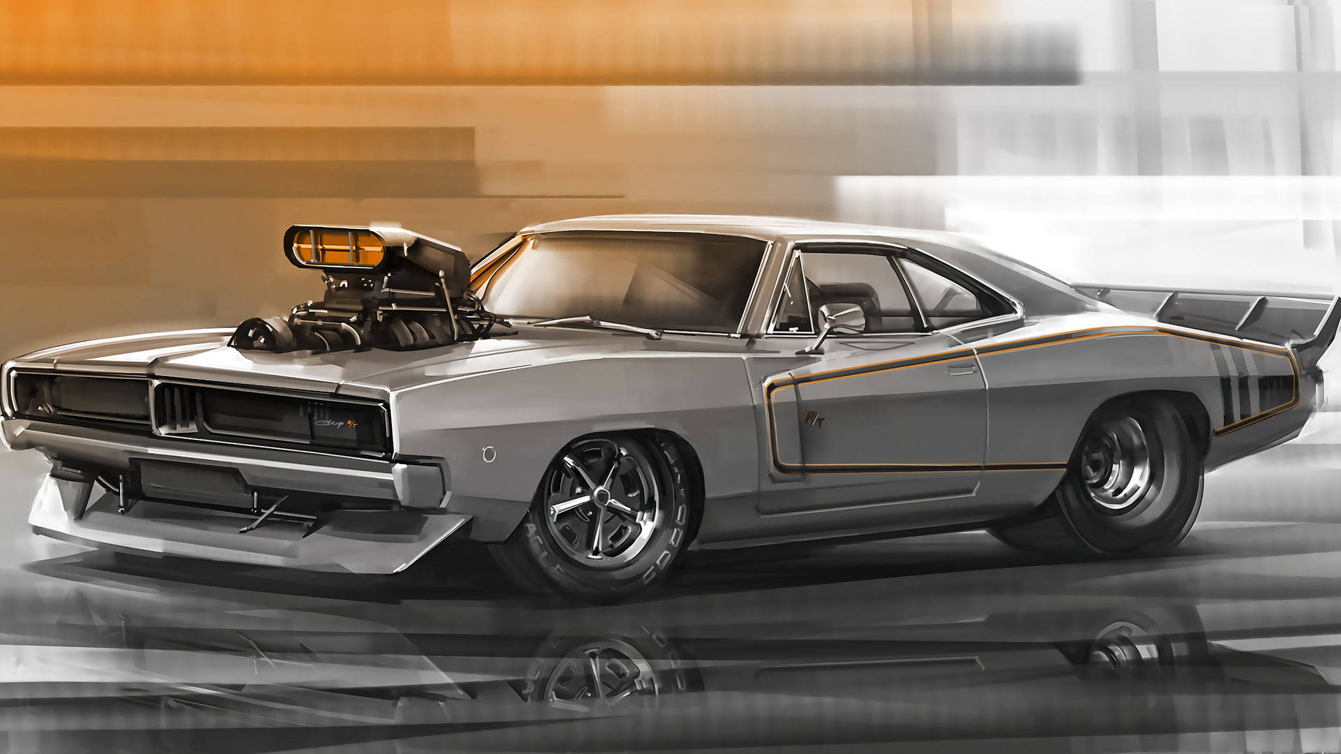 1969 Dodge Charger, silver, hood scoop, Full HD Desktop Wallpaper