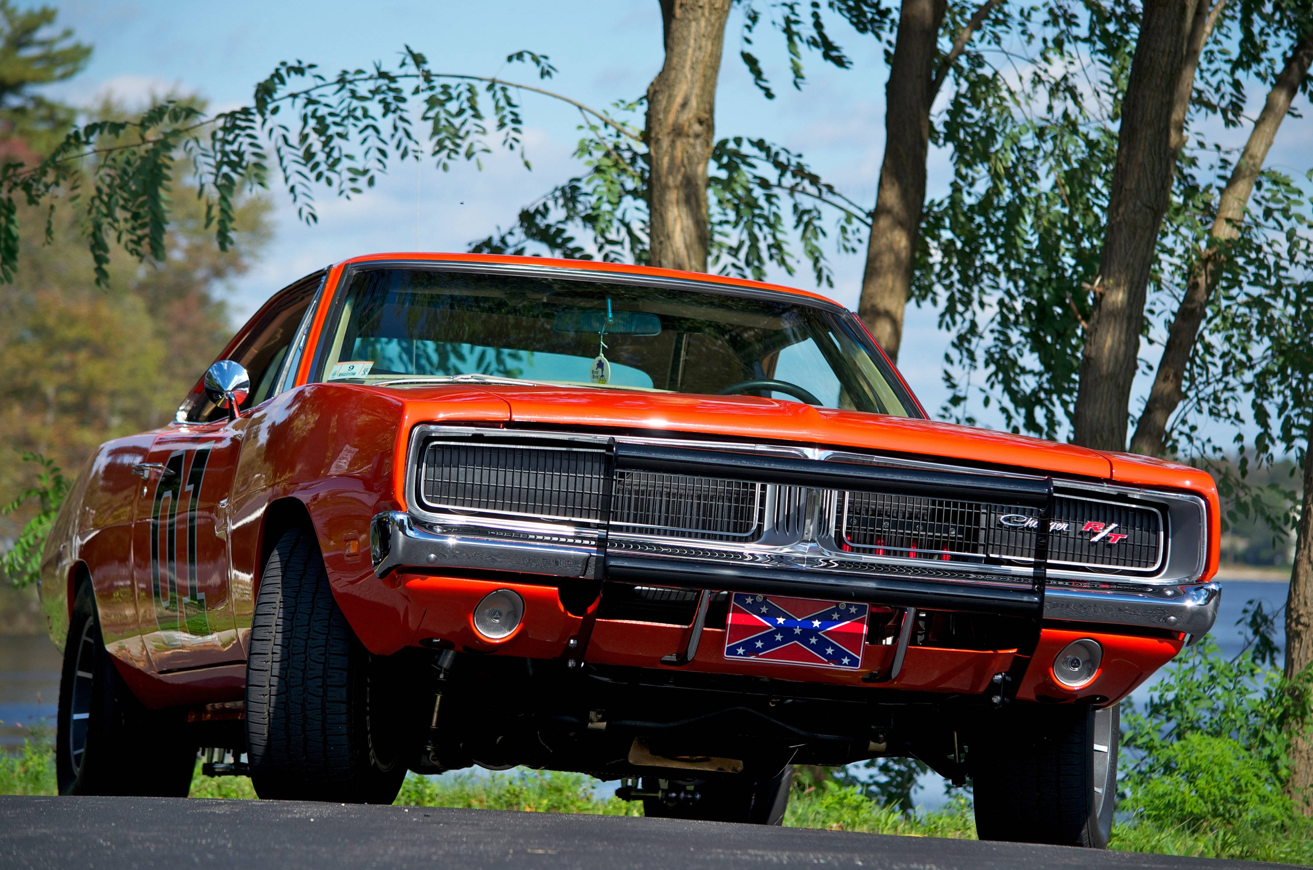 1969 Dodge Charger, dark orange, Confederate flag bumper sticker, 4K Desktop Wallpaper