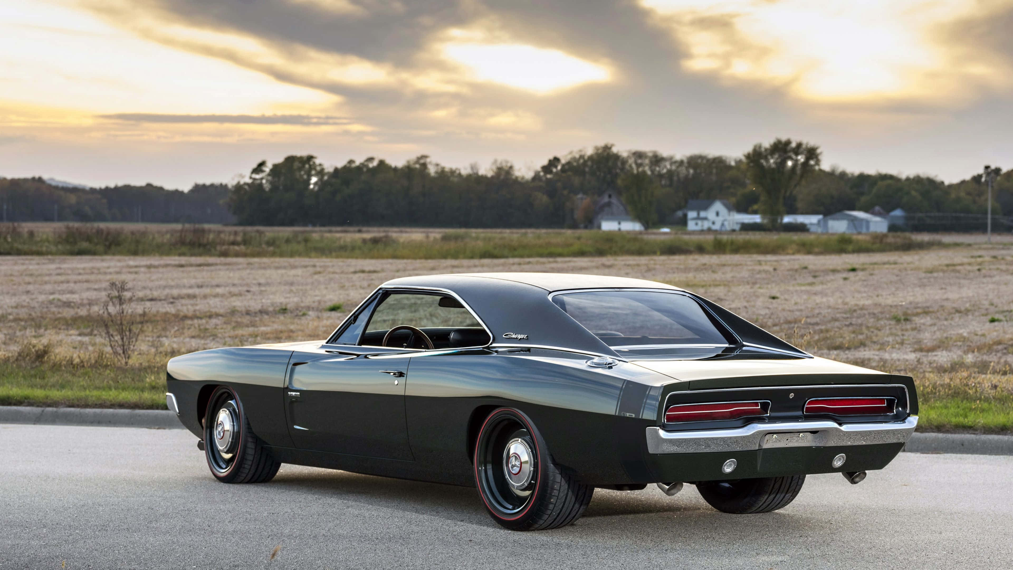 Dodge Charger, vintage black, countryside, 4K Desktop Wallpaper