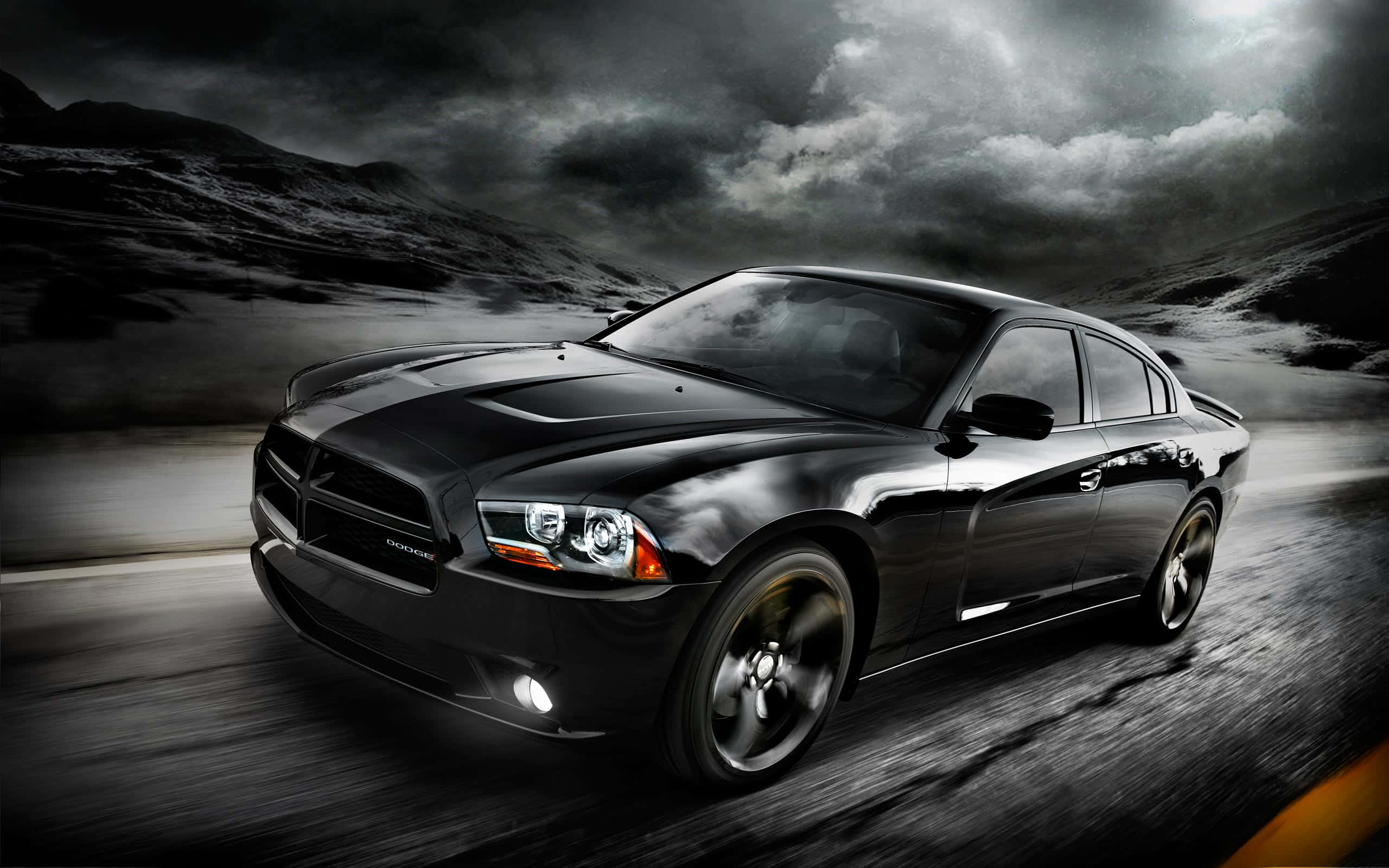Dodge Charger, black, stormy mountain pass, 2K Desktop Wallpaper