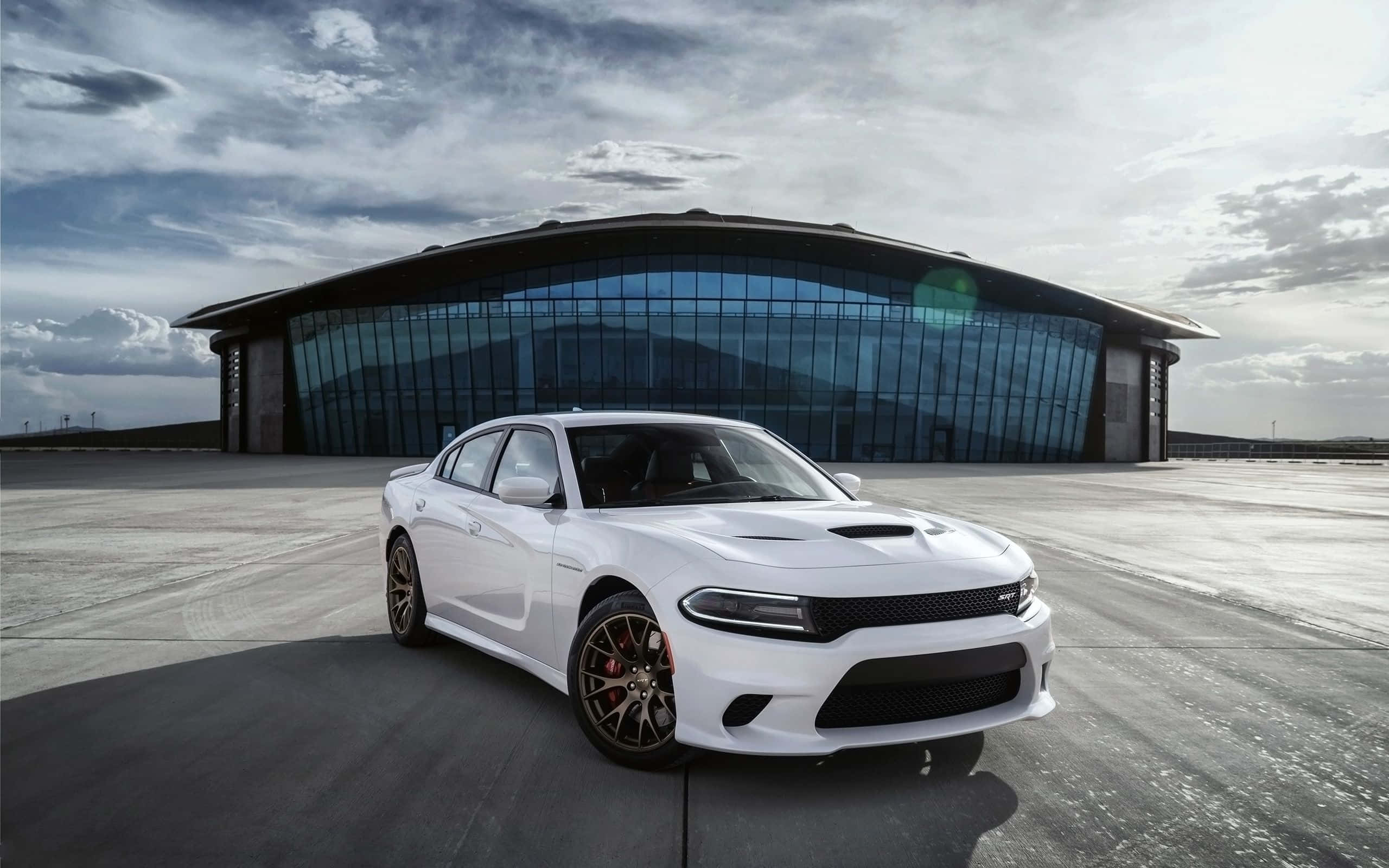 Dodge Charger, white, concrete plaza, 2K Desktop Wallpaper