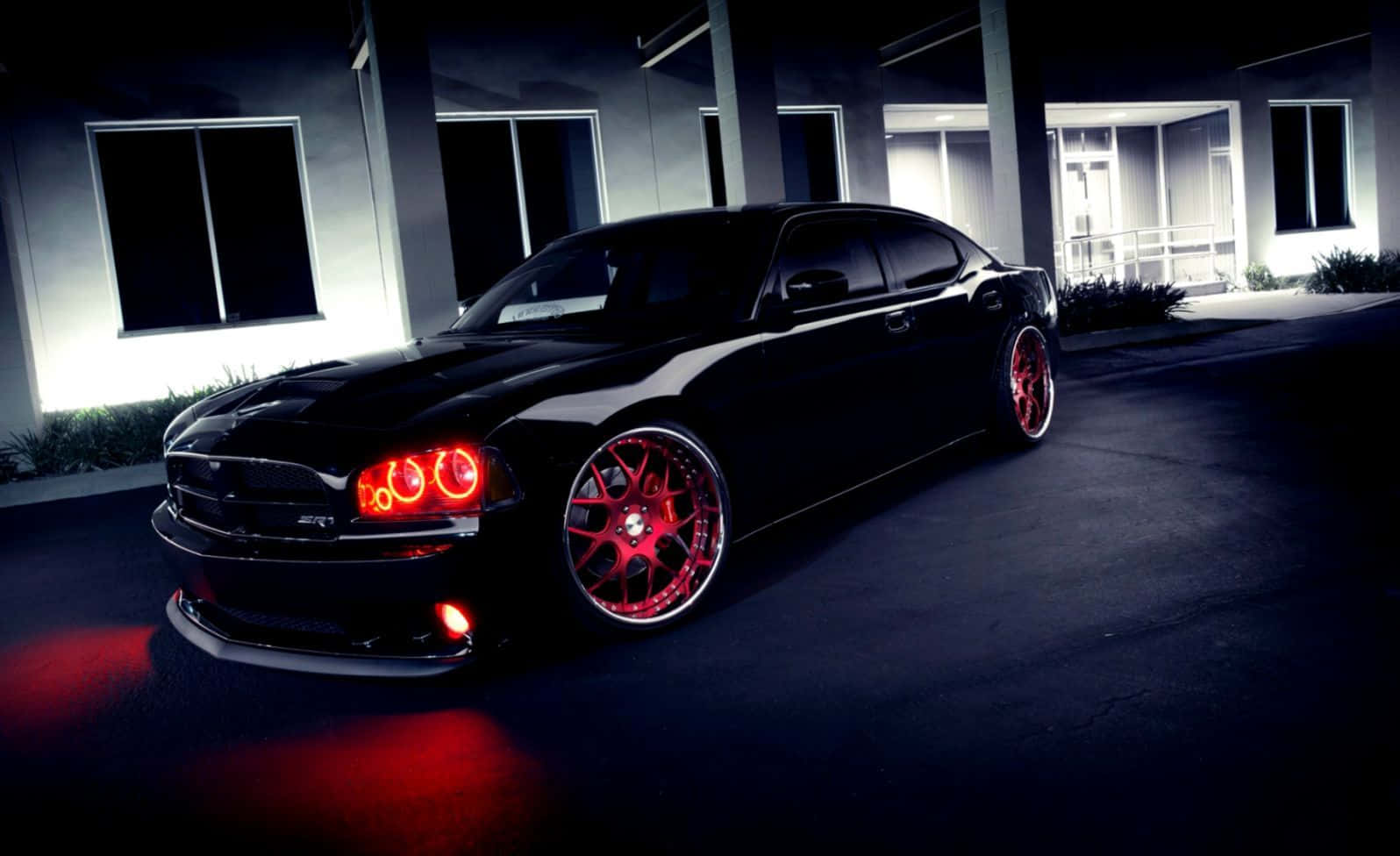 Dodge Charger, black, glowing red rims, HD Desktop Wallpaper