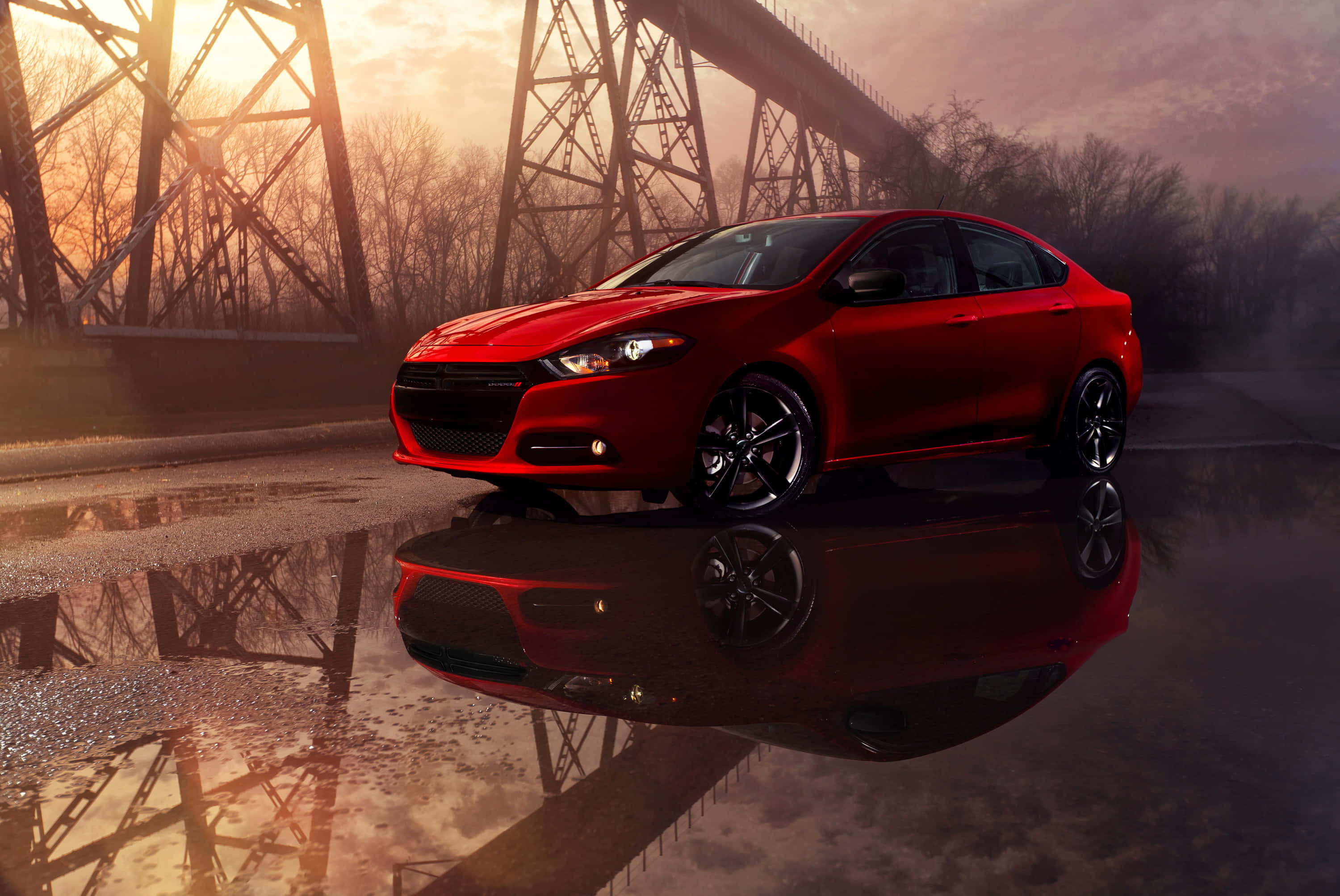 Dodge Dart, glossy red, wet pavement, 2K Desktop Wallpaper