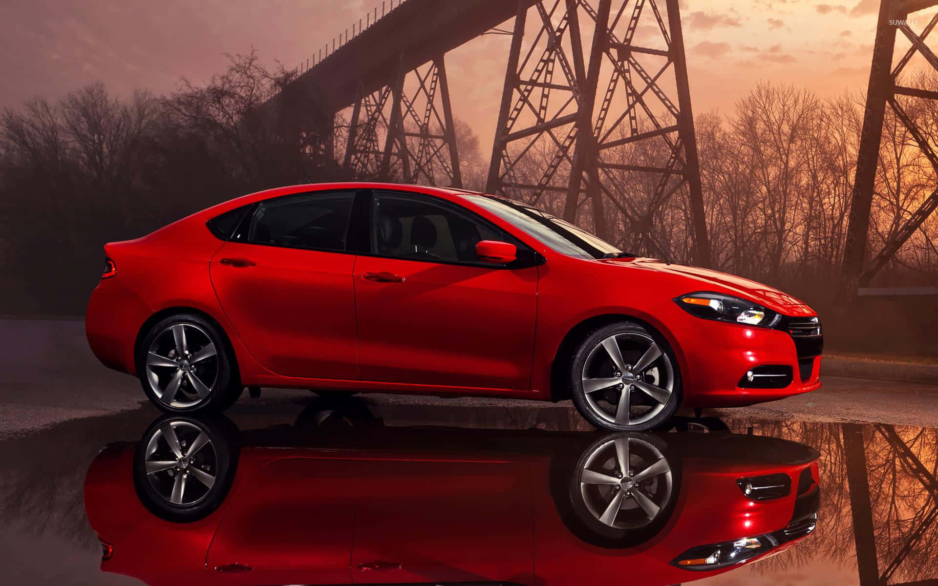 Dodge Dart, glossy red, wet pavement, Full HD Desktop Wallpaper