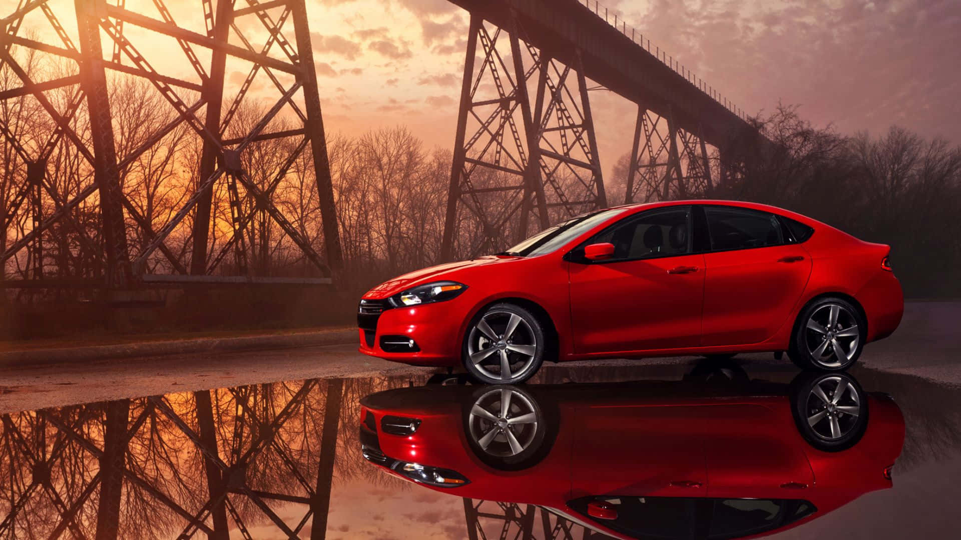 2015 Dodge Dart, glossy red, puddle, Full HD Desktop Wallpaper