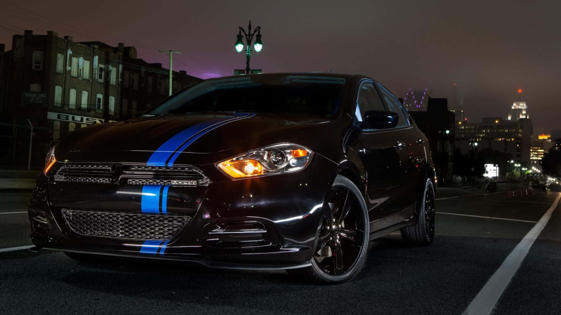 Dodge Dart, black, bold blue racing stripes, Full HD Desktop Wallpaper