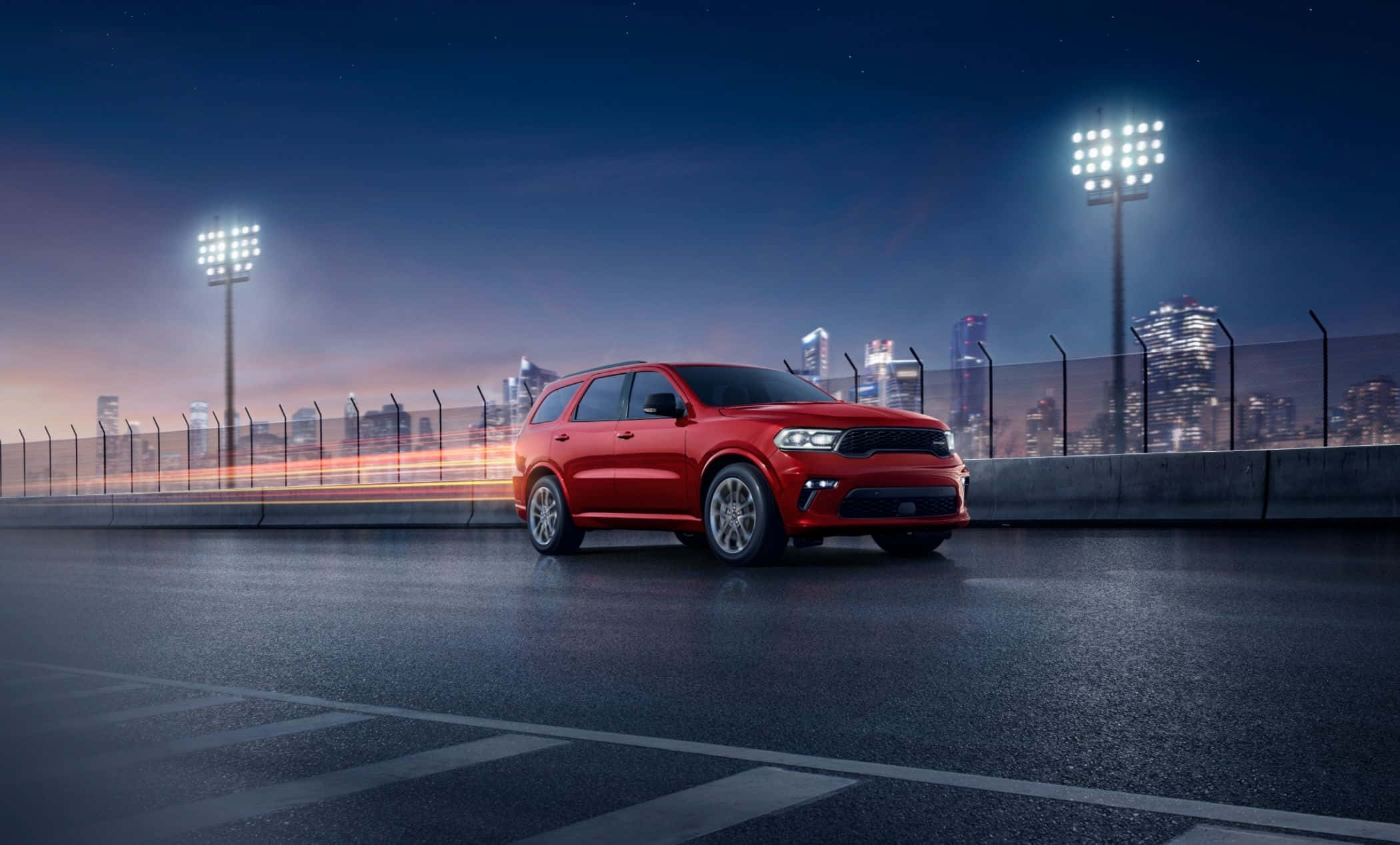 Red Dodge Durango, wet racetrack, dusk, Full HD Desktop Wallpaper