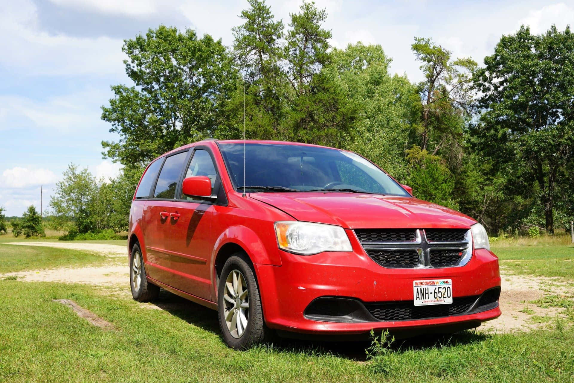 Red Dodge Grand Caravan, grass, dirt road, Full HD Desktop Wallpaper