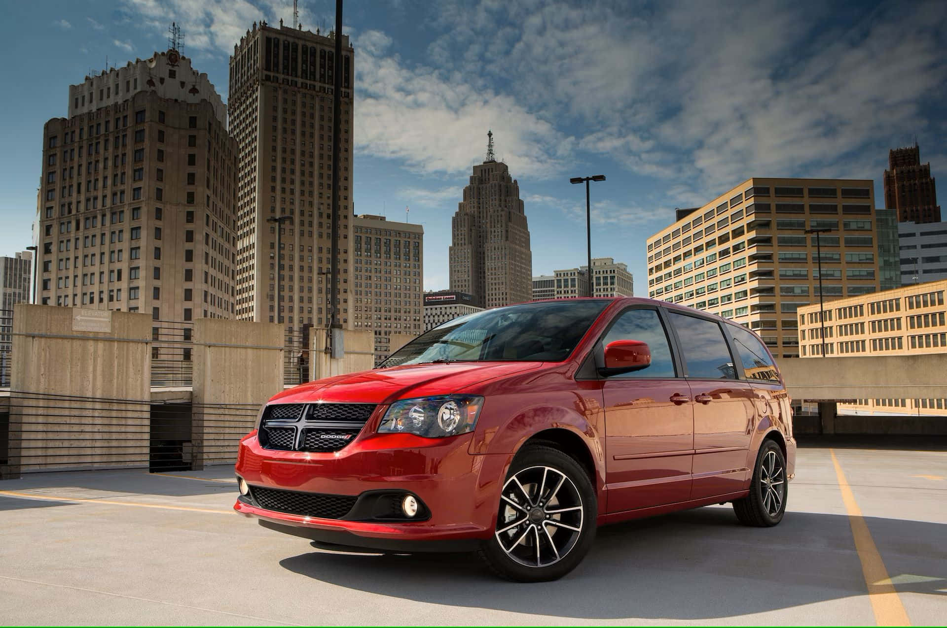 Red Dodge Grand Caravan, urban backdrop, rooftop parking lot, Full HD Desktop Wallpaper