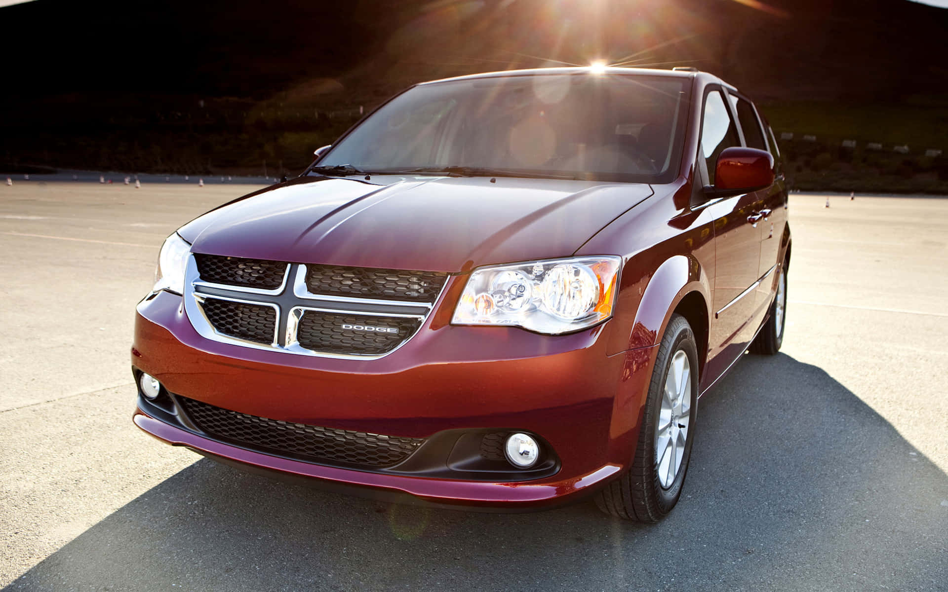 Dodge Grand Caravan, maroon, sunlit concrete lot, Full HD Desktop Wallpaper