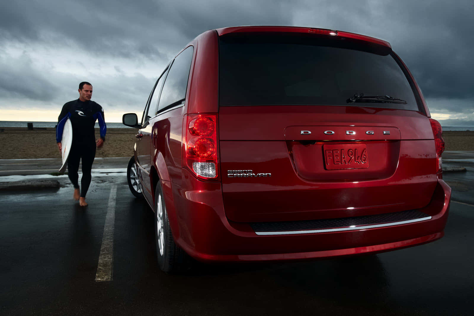 surfer, red Dodge Grand Caravan, wetsuit, HD Desktop Wallpaper