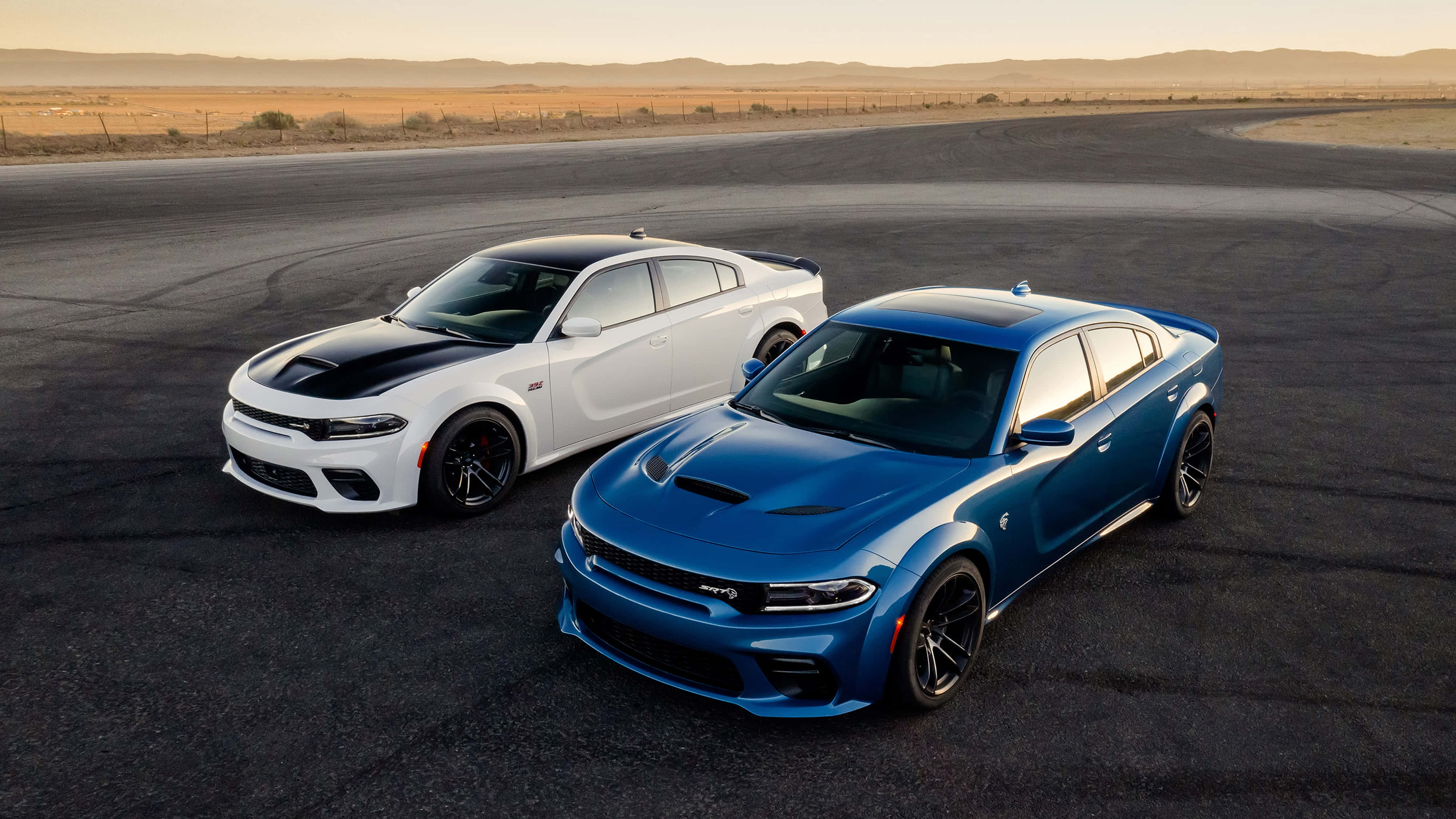 Dodge Hellcat, white and blue, racetrack, 4K Desktop Wallpaper