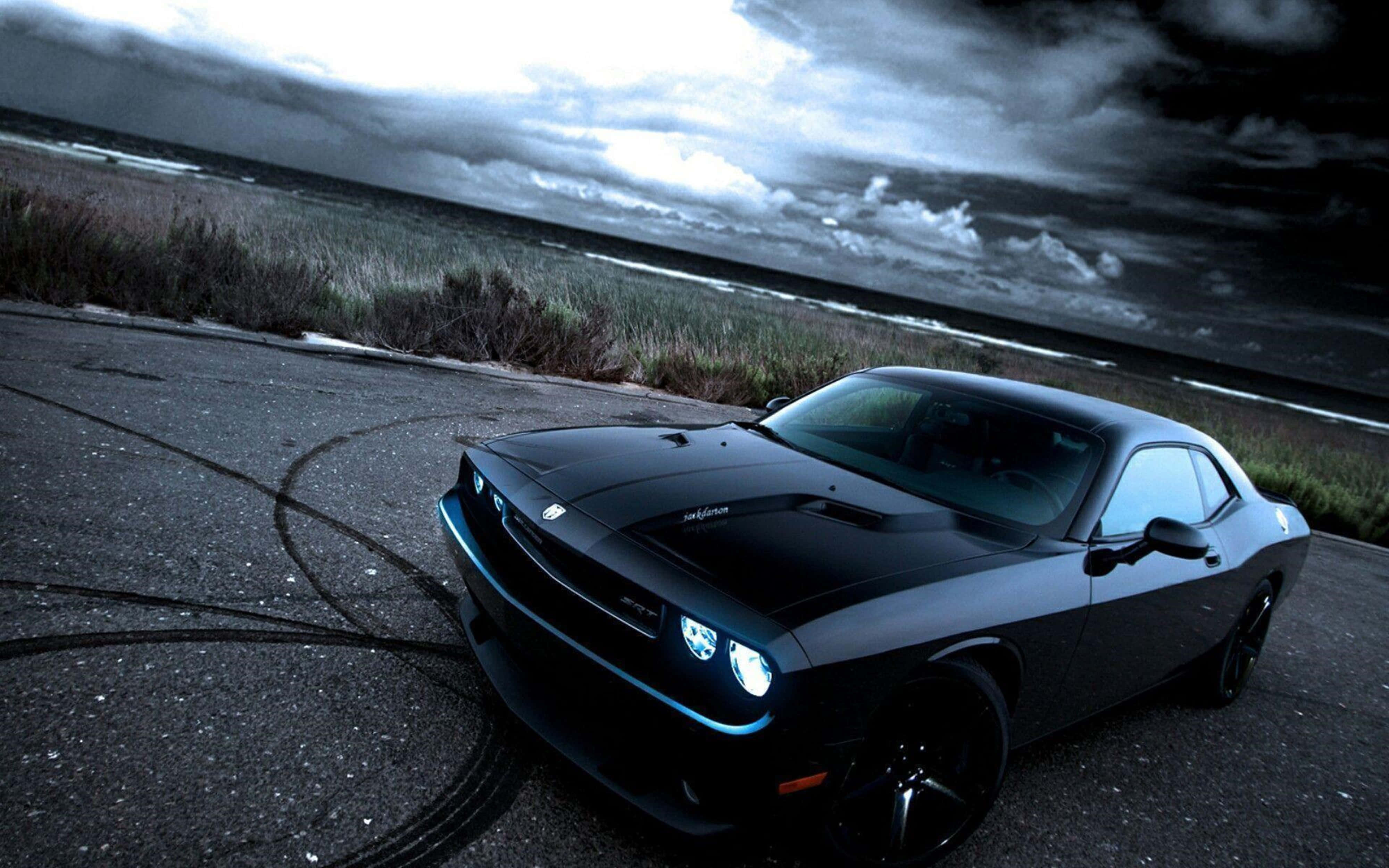 Dodge Hellcat, black, glowing headlights, 4K Desktop Wallpaper