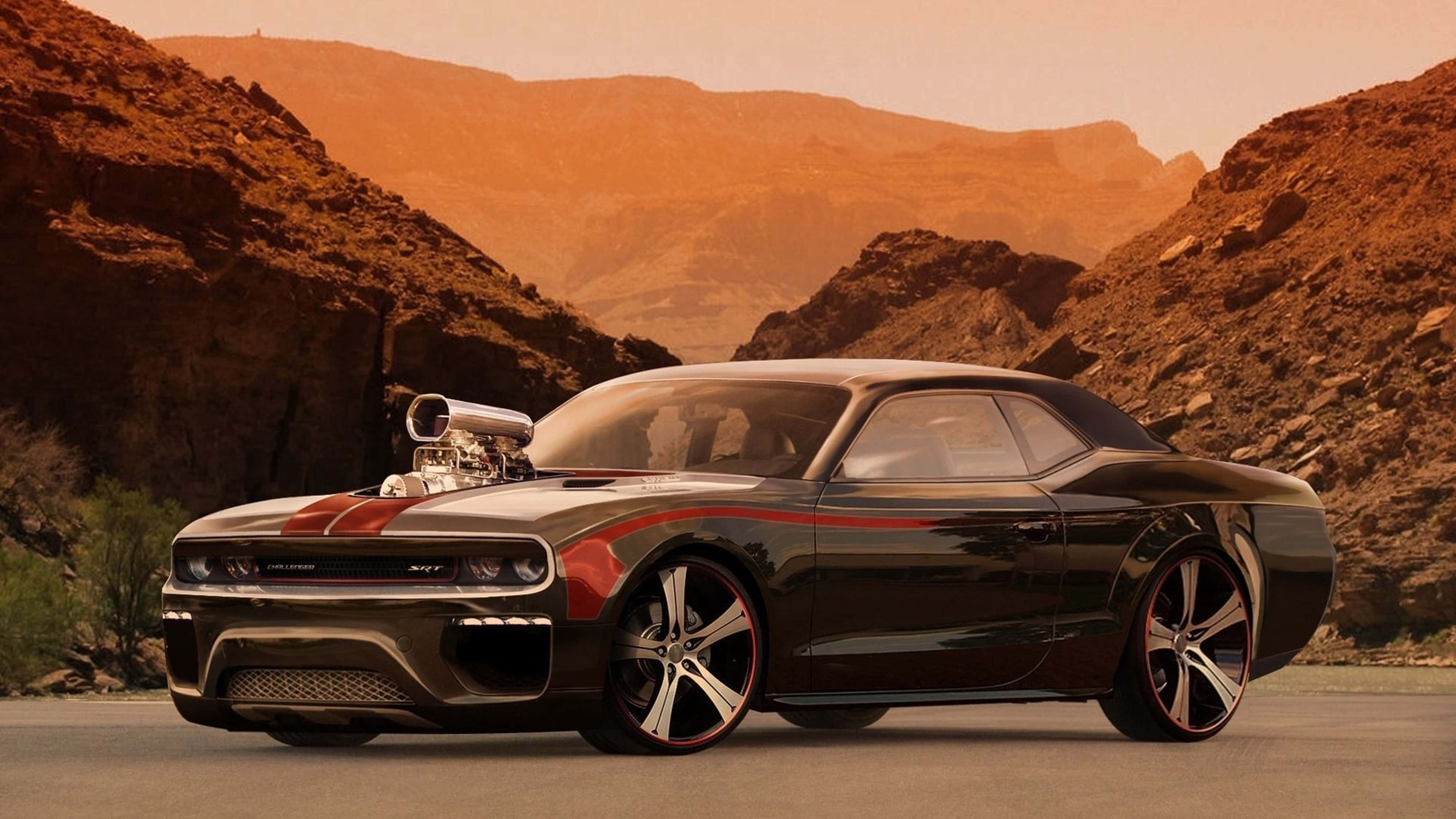 Dodge Hellcat, black, red stripes, 4K Desktop Wallpaper