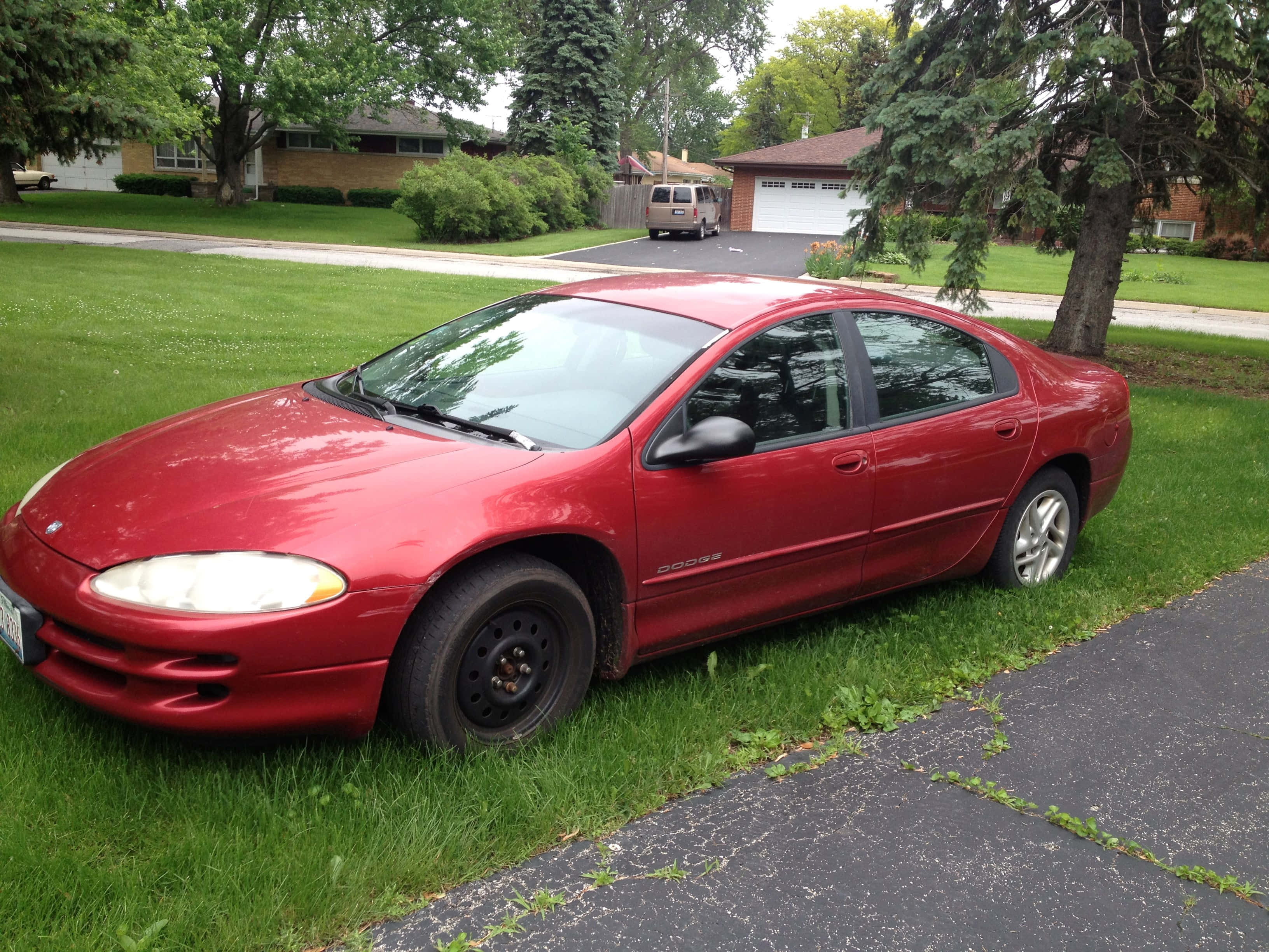 Dodge Intrepid, red, cracked asphalt driveway, 2K Desktop Wallpaper