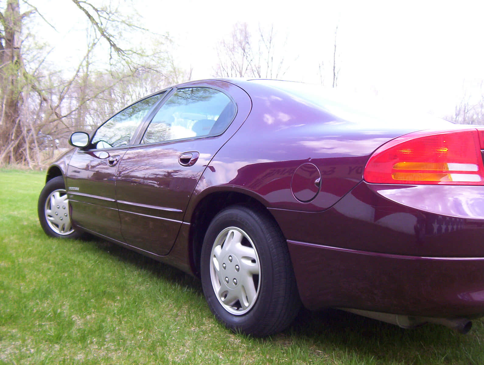 Red Dodge Intrepid, glossy maroon sedan, green grass, HD Desktop Wallpaper
