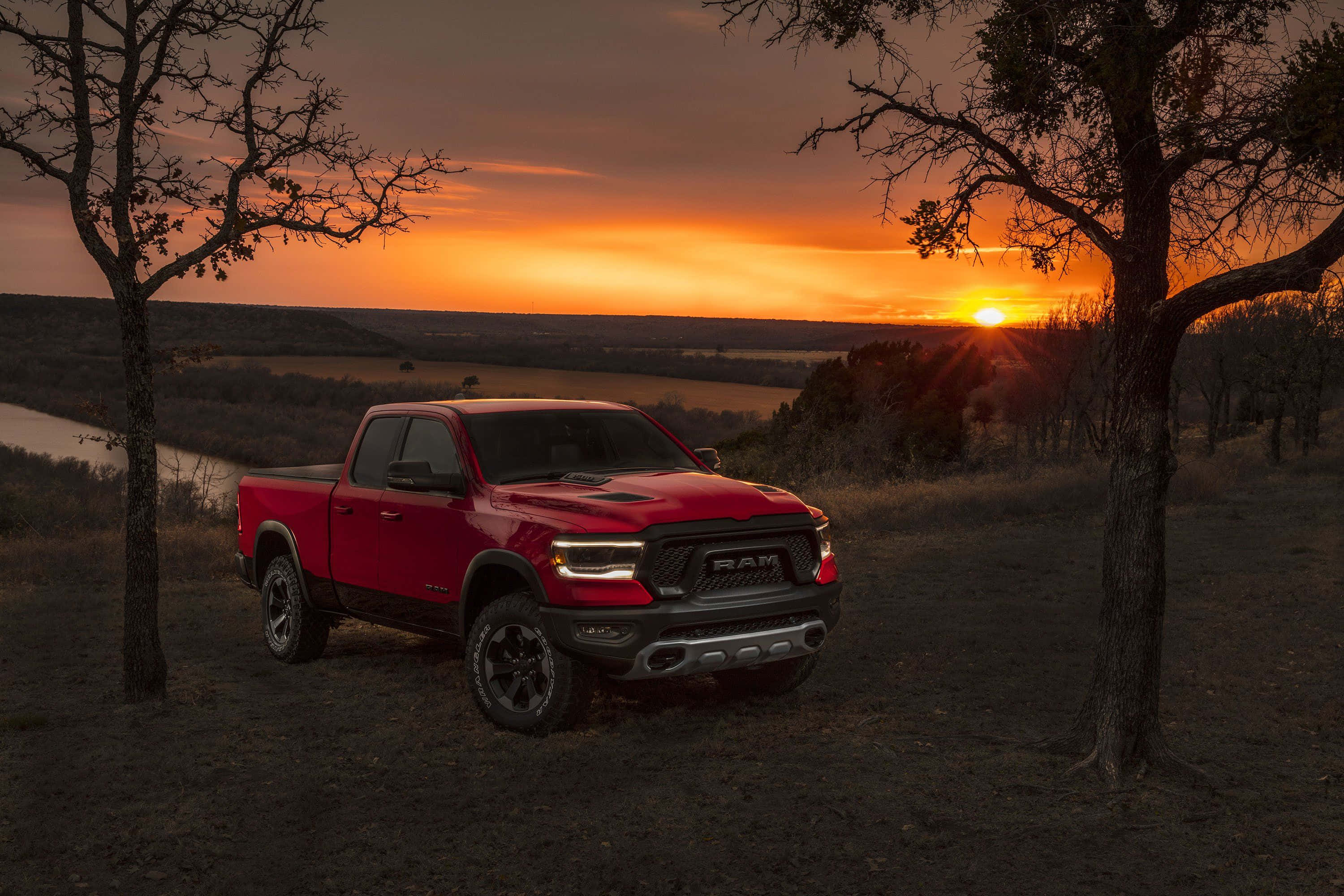 Dodge Ram, red, sunset, 2K Desktop Wallpaper